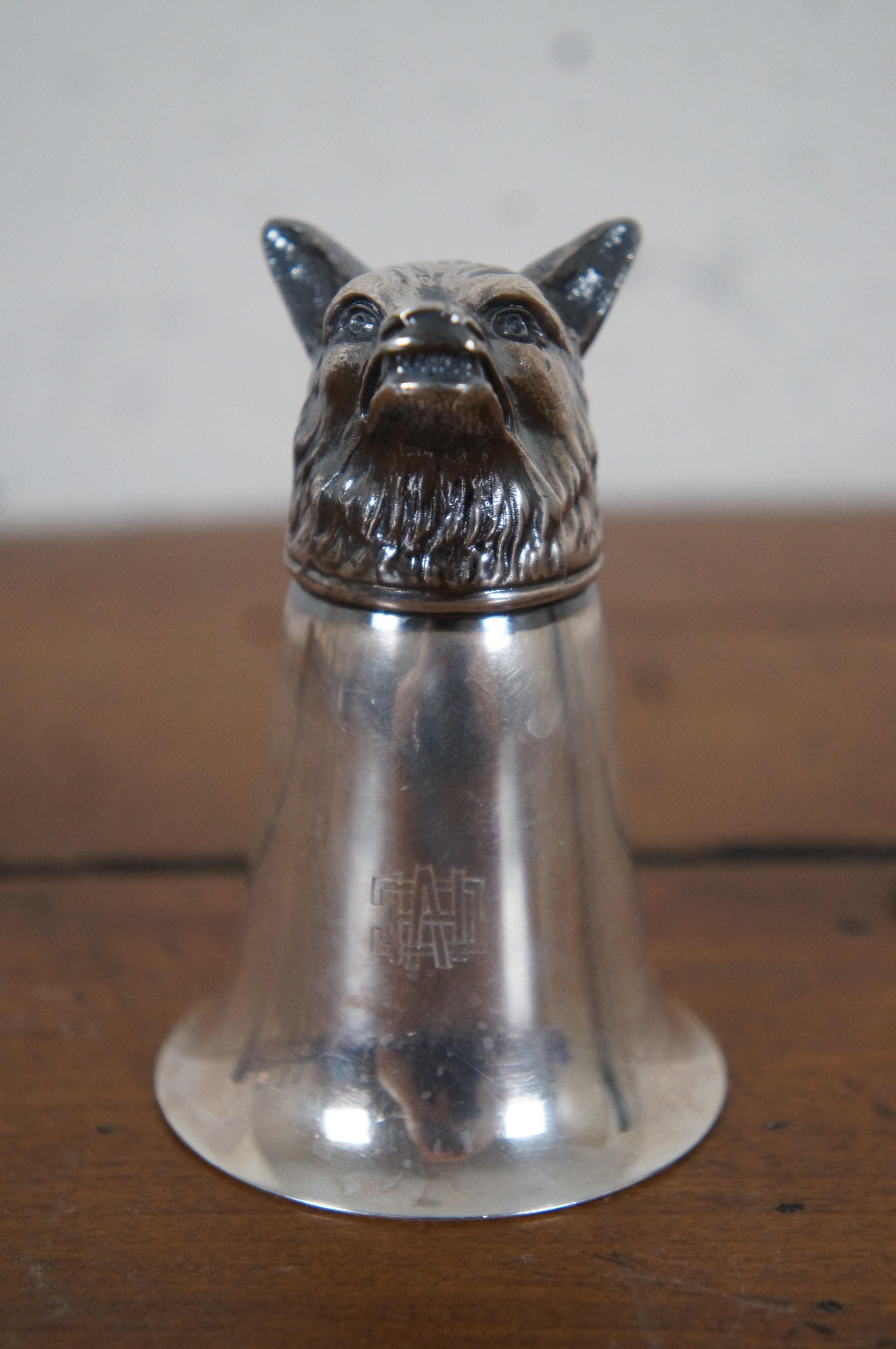 Midcentury Figural Silver Plate Wolf Head Jigger Barware Stirrup Cup Monogram 2