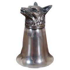 Midcentury Figural Silver Plate Wolf Head Jigger Barware Stirrup Cup Monogram
