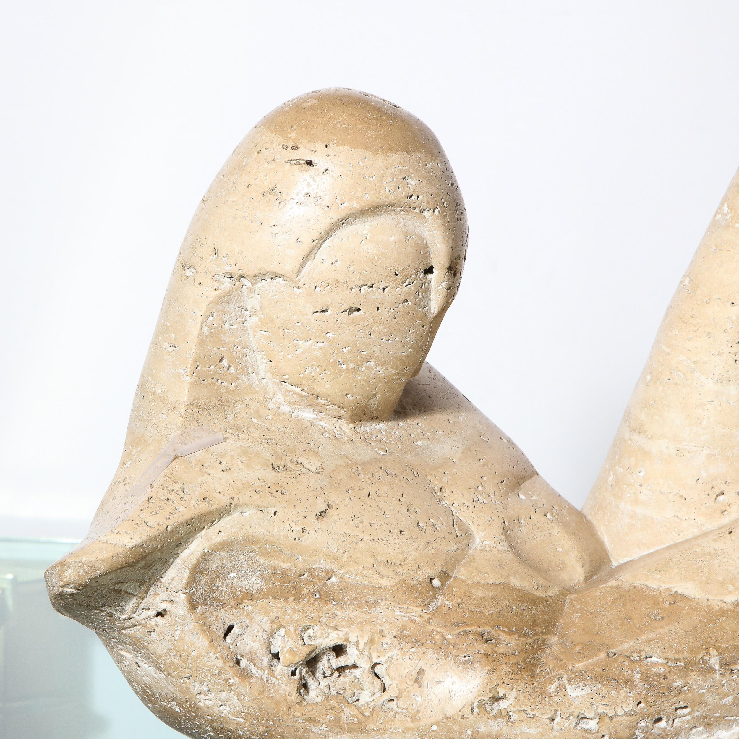 This elegant and sophisticated Mid-Century Modern sculpture was realized by the studio of Constantina Iconomopulos (and signed) in Argentina circa 1960. Realized from a single slab of travertine marble - offering a sublime assortment of subdued