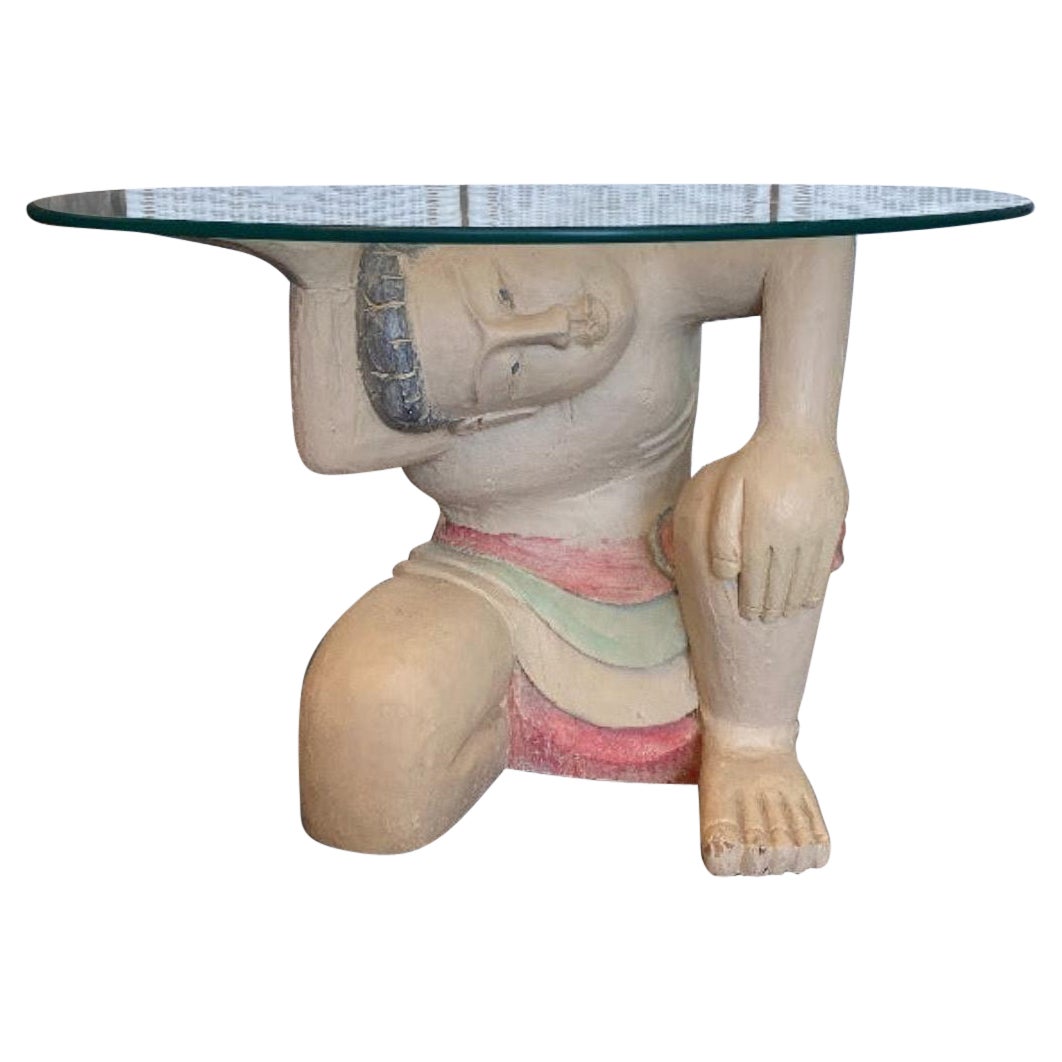 Mid Century Figurative Wood Carved and Glass Top Coffee Table
