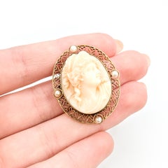 Mid-Century Filigree Shell Cameo & Pearl Pendant in 14k Yellow Gold