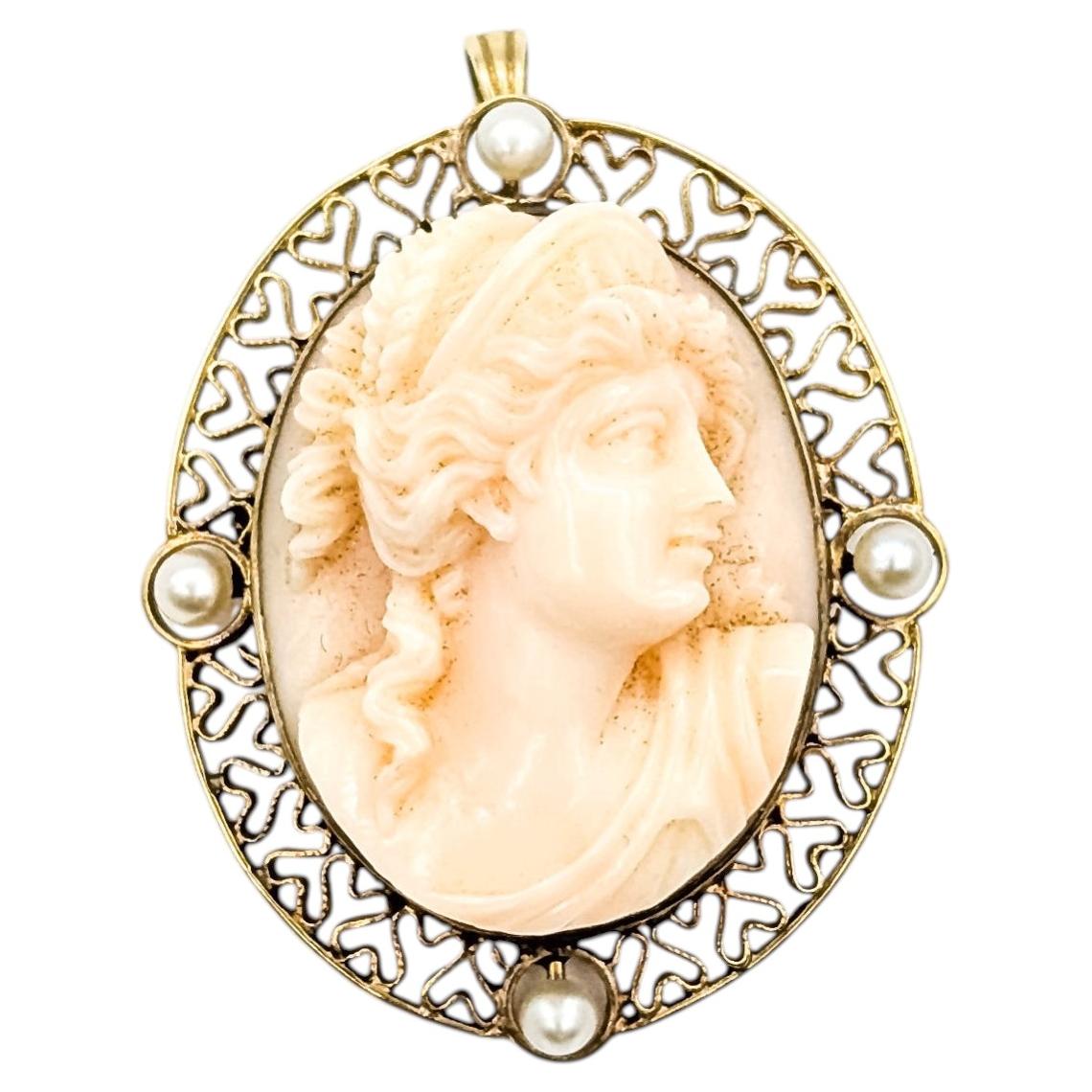 Mid-Century Filigree Shell Cameo & Pearl Pendant in 14k Yellow Gold For Sale