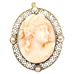 Mid-Century Filigree Shell Cameo & Pearl Pendant in 14k Yellow Gold