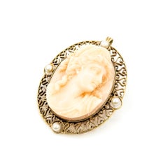 Mid-Century Filigree Shell & Pearl Cameo Pendant in 14k