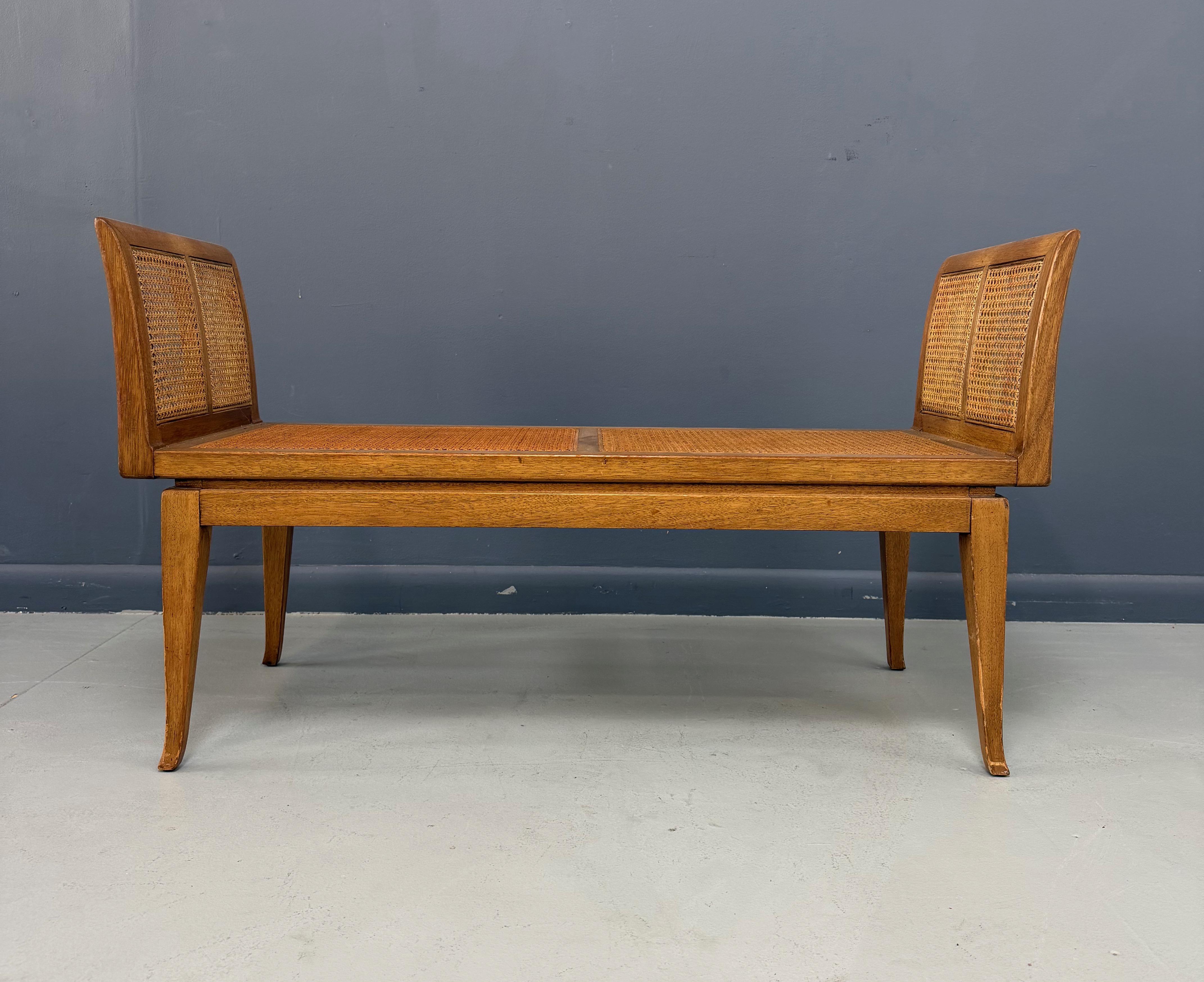 Mid-Century Modern Mid-Century Fine Arts Furniture Cane Bench in Blond Mahogany For Sale