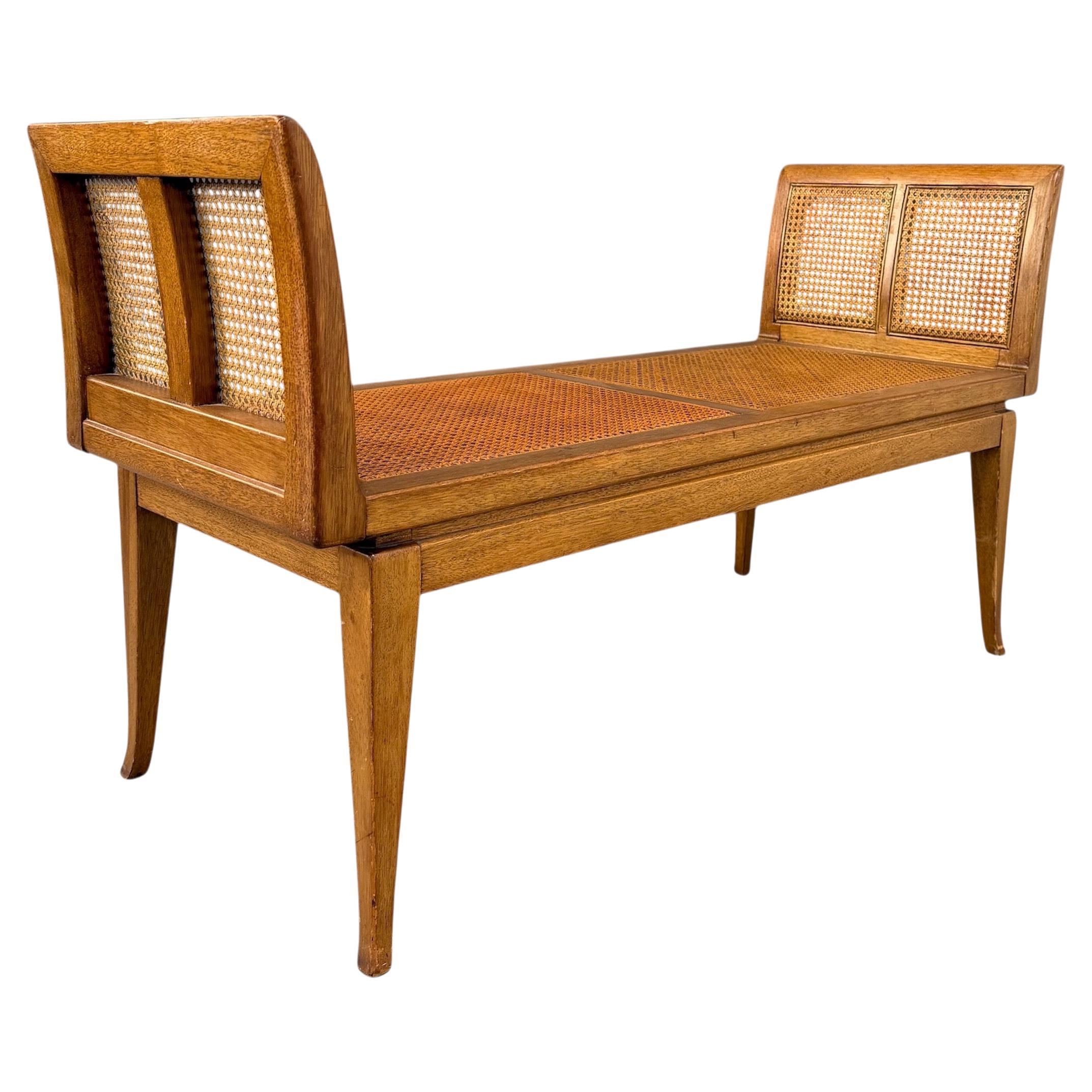 Mid-Century Fine Arts Furniture Cane Bench in Blond Mahogany For Sale