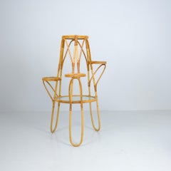 Mid-Century Finnish Bamboo Rattan Plant / Flower Stand Table with Frosted Glass