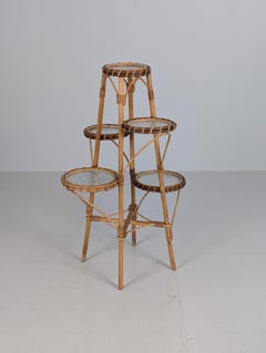 Mid-Century Finnish Bamboo Rattan Plant / Flower Stand Table with Frosted Glass