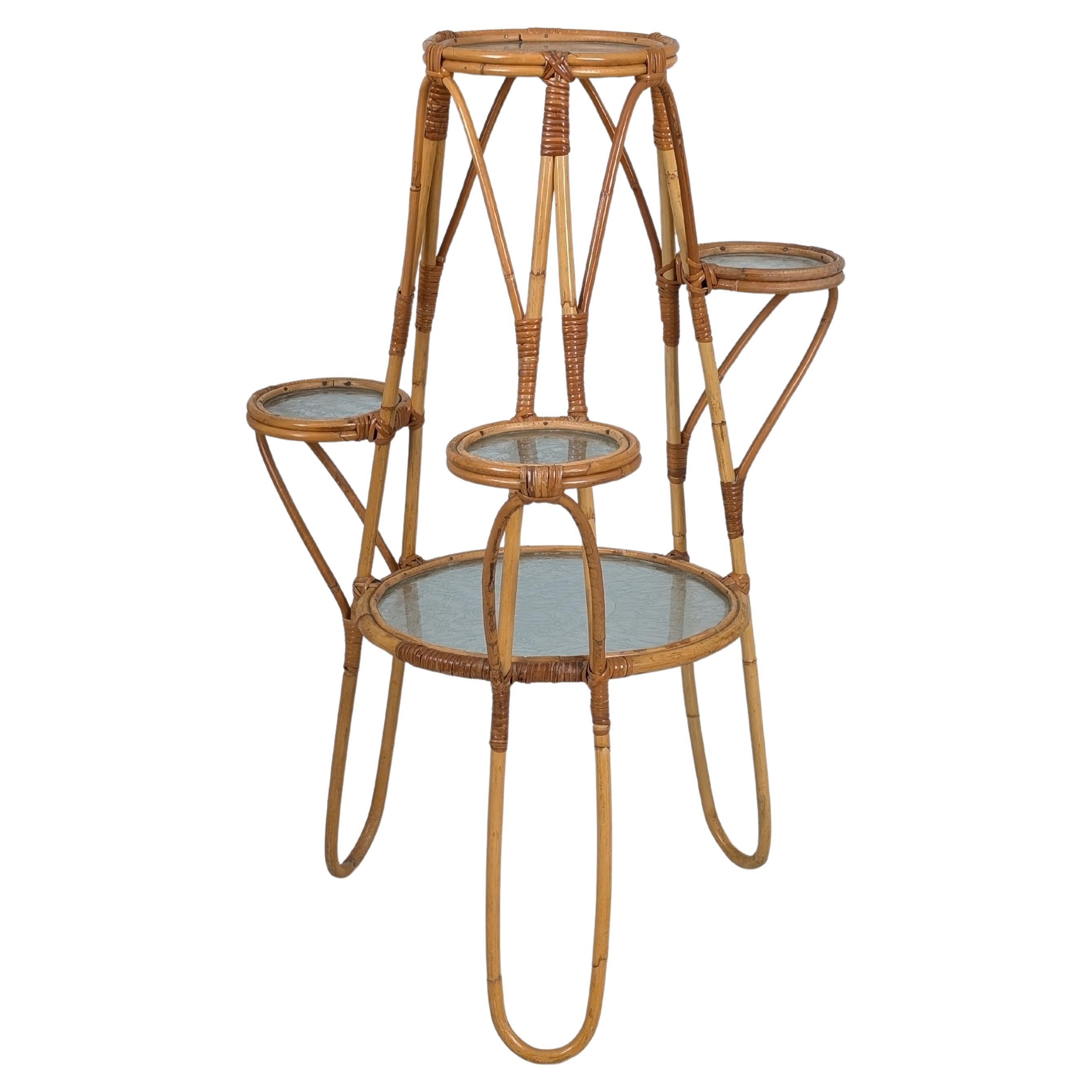 Mid-Century Finnish Bamboo Rattan Plant / Flower Stand Table with Frosted Glass