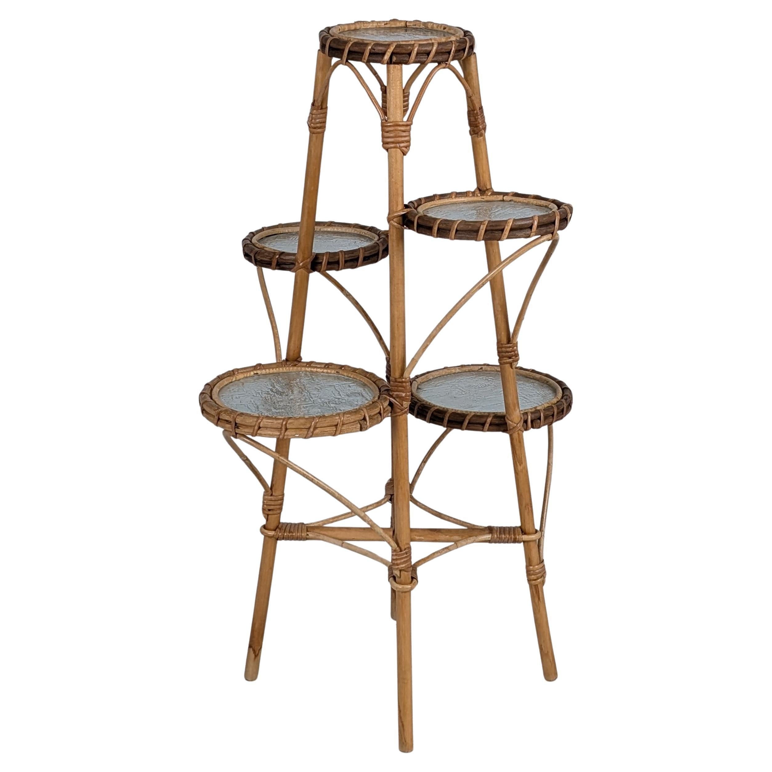 Mid-Century Finnish Bamboo Rattan Plant / Flower Stand Table with Frosted Glass