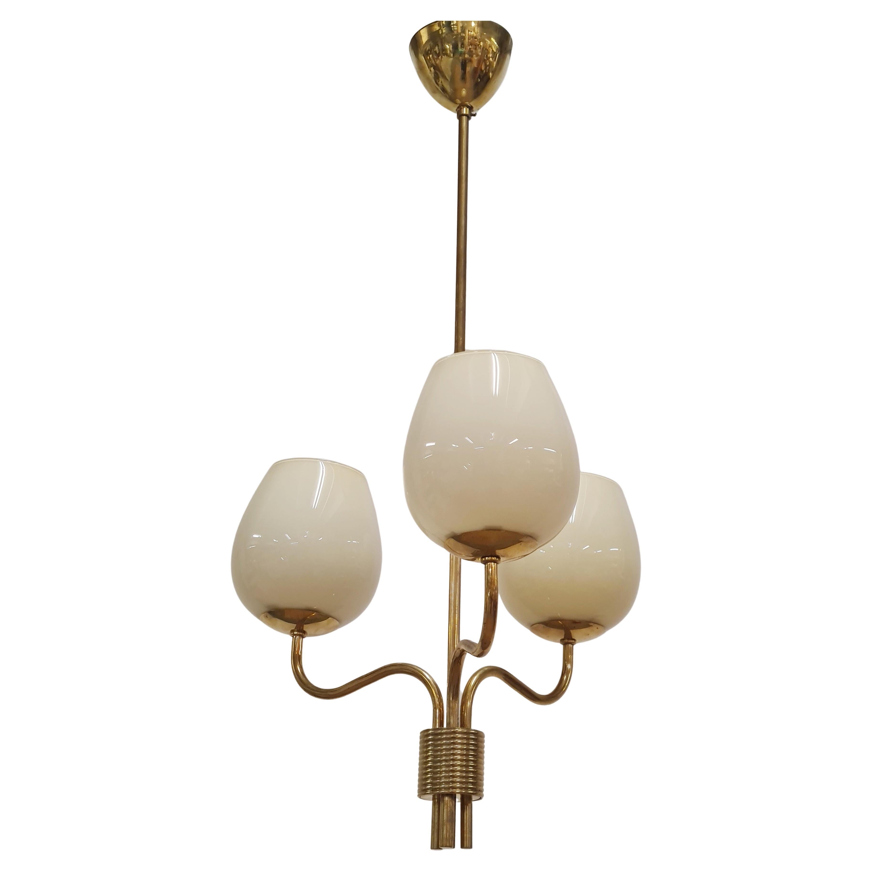 Mid-Century Finnish Ceiling Lamp in Brass and Glass, Attr. Itsu 1950s