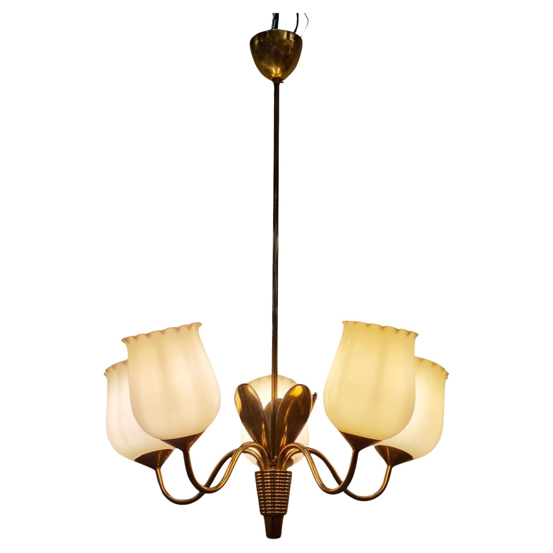 Mid-Century Finnish Ceiling Lamp in Brass and Glass, Attr. Itsu 1950s