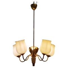 Lampada da soffitto finlandese di metà secolo in ottone e vetro, Attr. Itsu anni '50