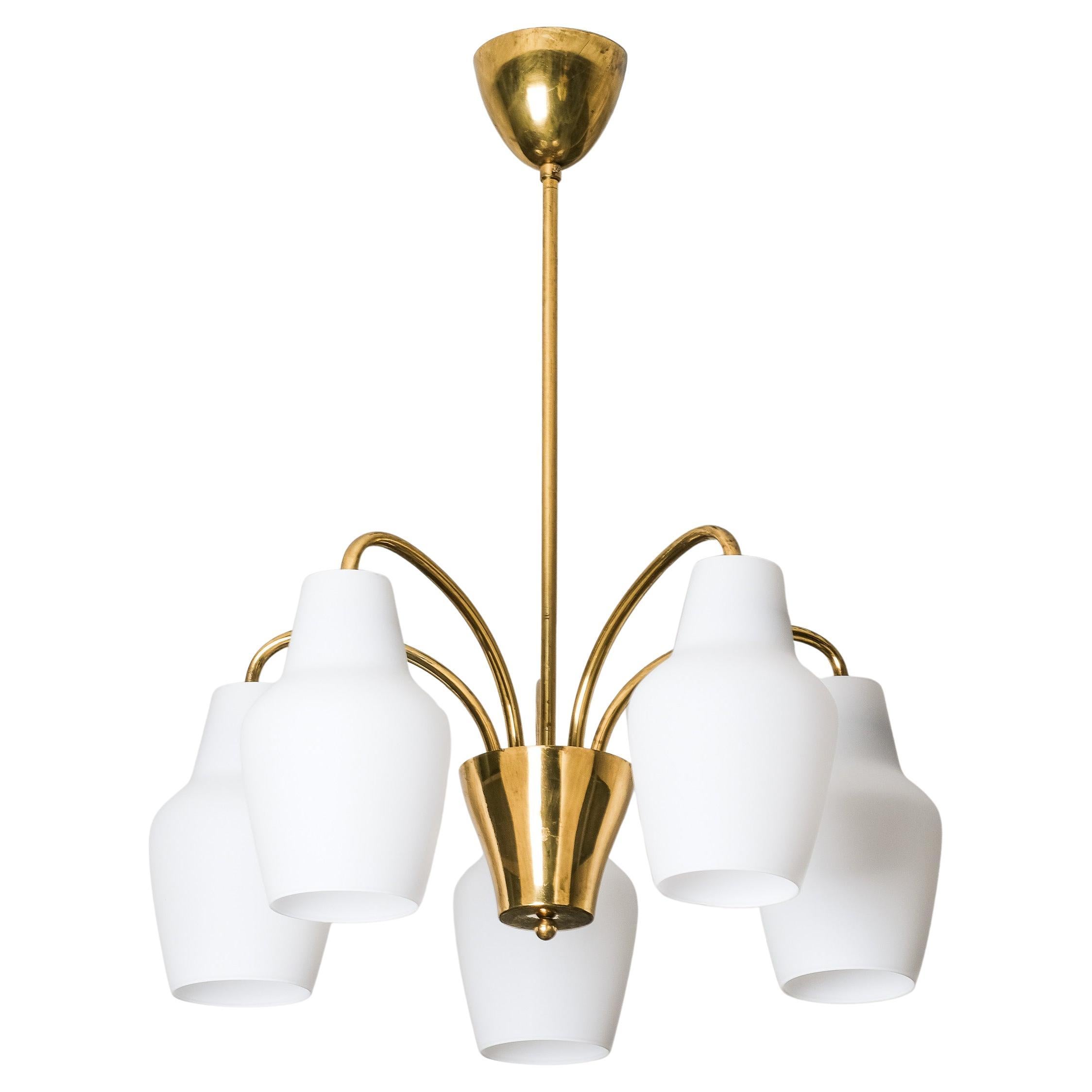 Mid-Century Finnish Chandelier in Brass and Glass, 1950s