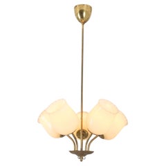 Mid-Century Finnish Design Lamp in Brass and Beige Opaline Glass, 1950s