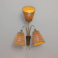 Mid-Century Finnish Design Wall Lamp in Brass & Wooden Slatted Shades, 1950s