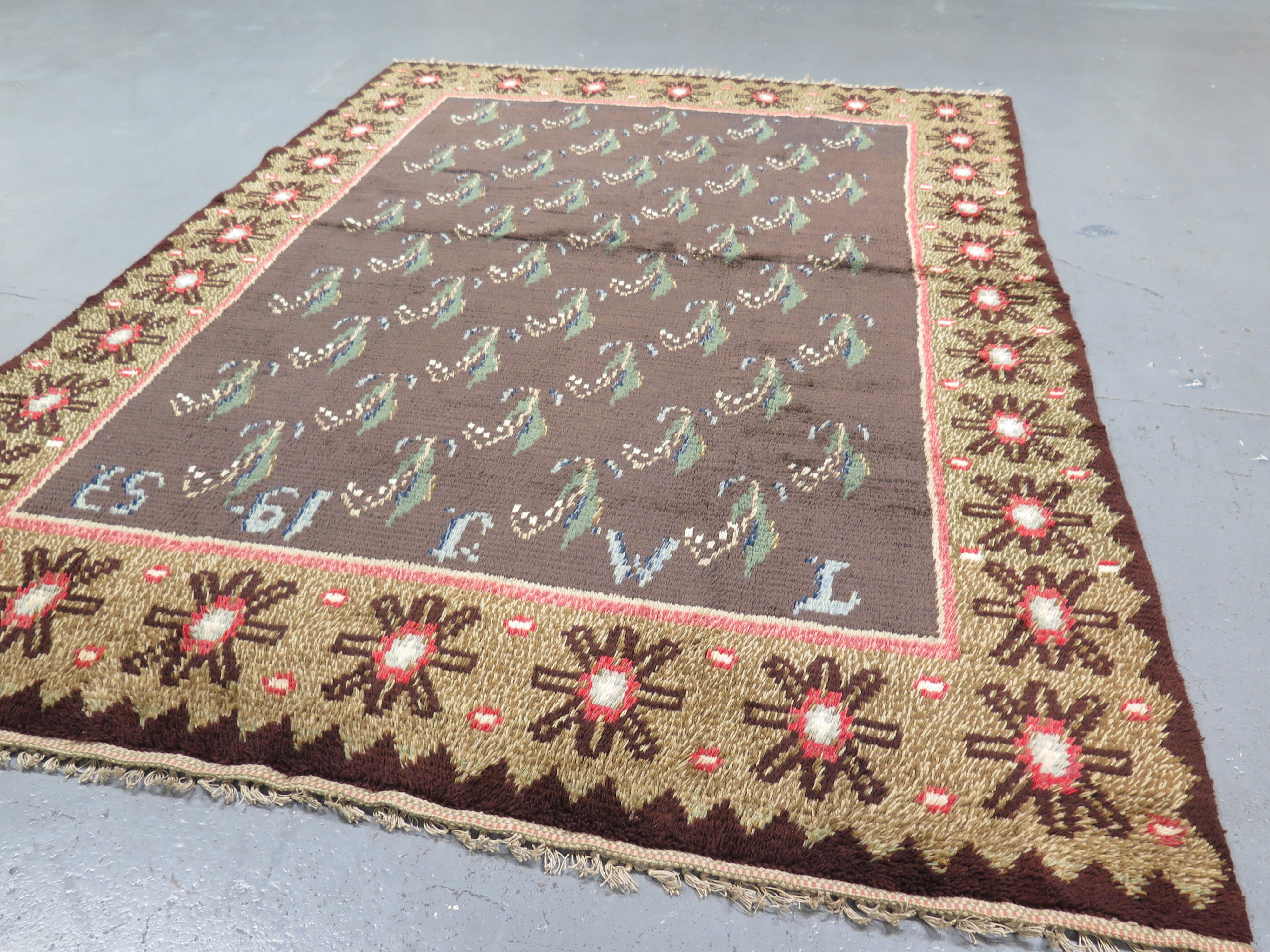 Hand-Knotted Mid-Century Finnish 'Ryijy' Accent Rug, dated 1957