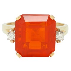 Mid-Century Fire Opal Diamond 14 Karat Two-Tone Gold Vintage Cocktail Ring