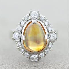 Mid-Century Fire Opal Diamond Platinum Ring