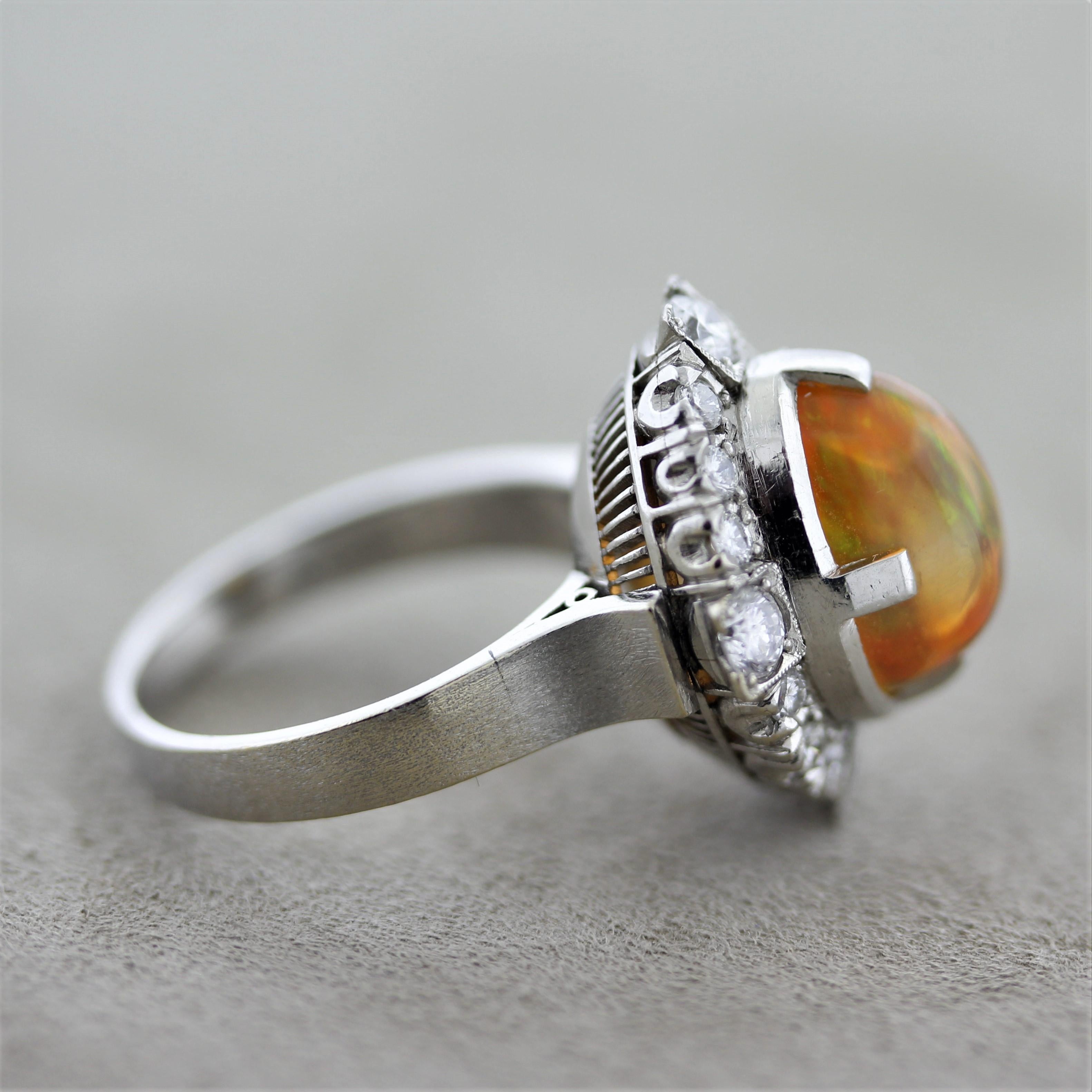 Mixed Cut Mid-Century Fire Opal Diamond Platinum Ring For Sale
