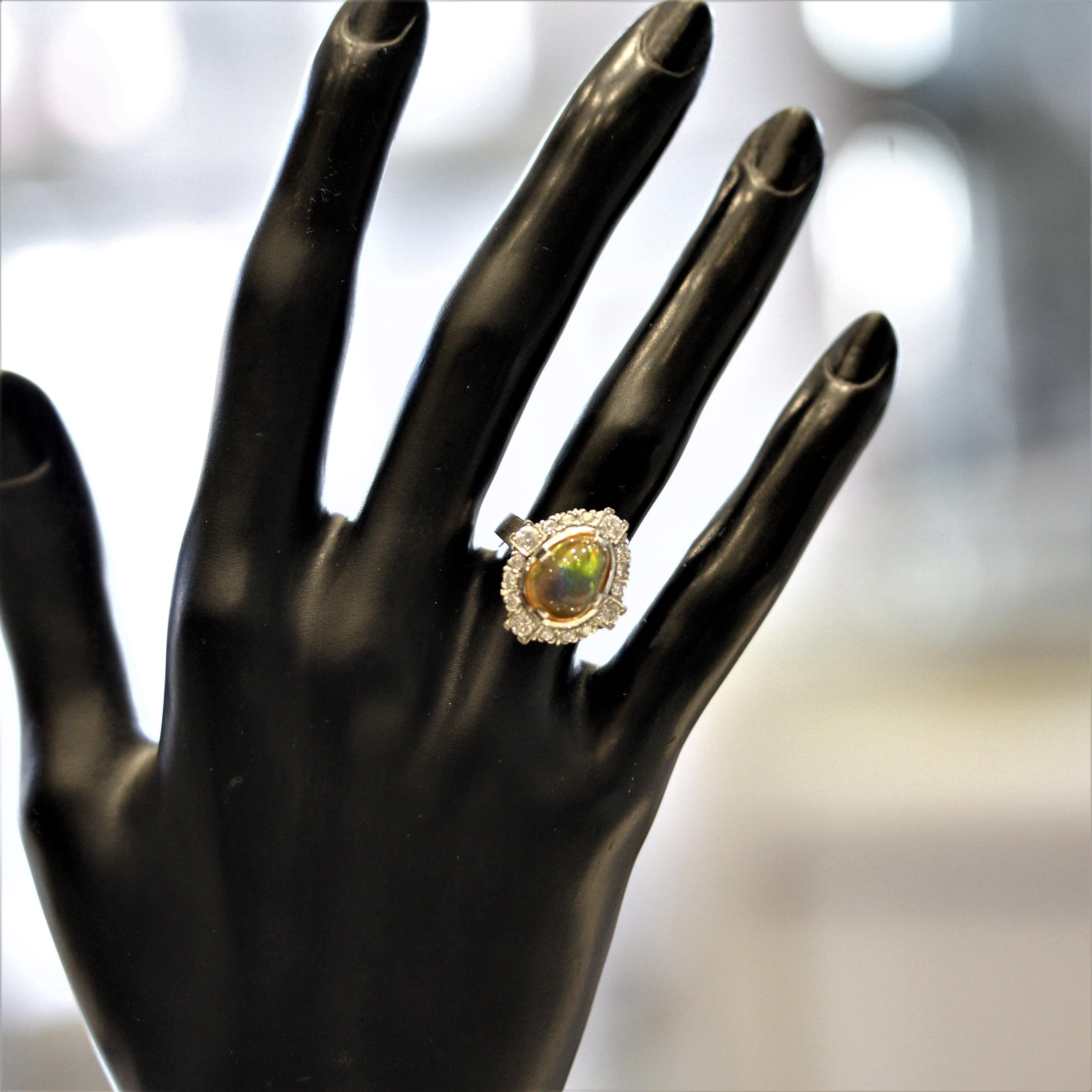 Mid-Century Fire Opal Diamond Platinum Ring In New Condition For Sale In Beverly Hills, CA