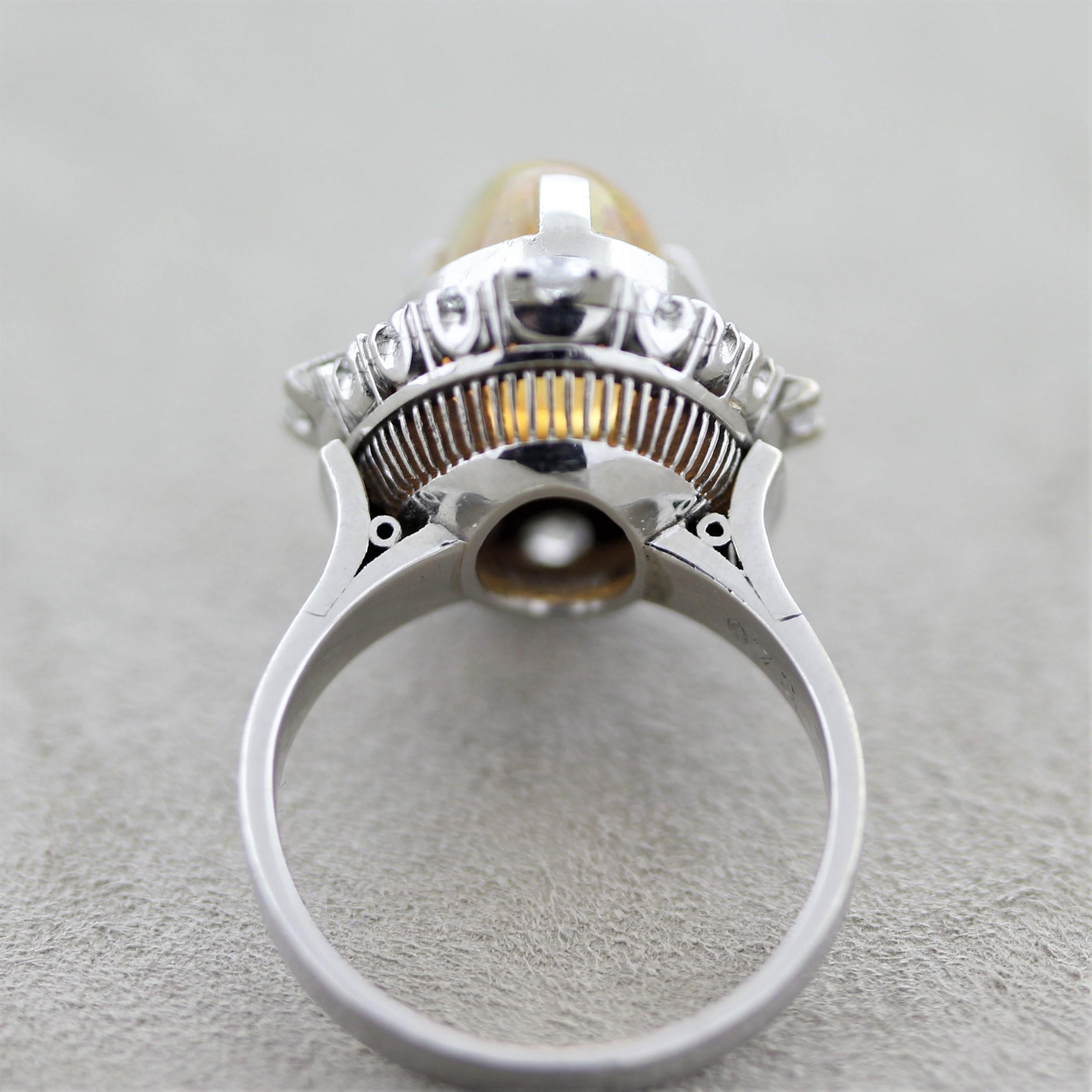 Women's Mid-Century Fire Opal Diamond Platinum Ring For Sale