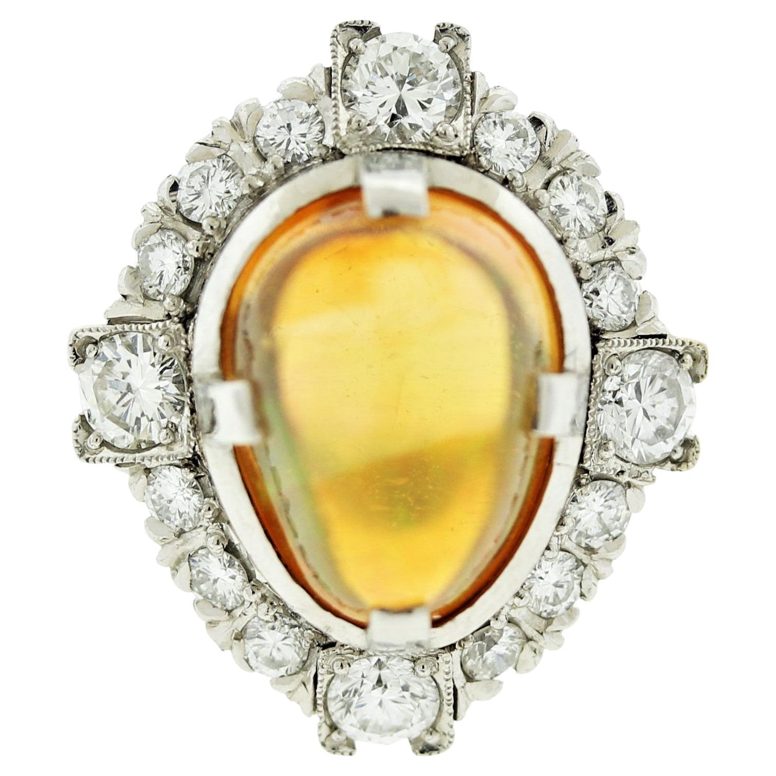 Mid-Century Fire Opal Diamond Platinum Ring