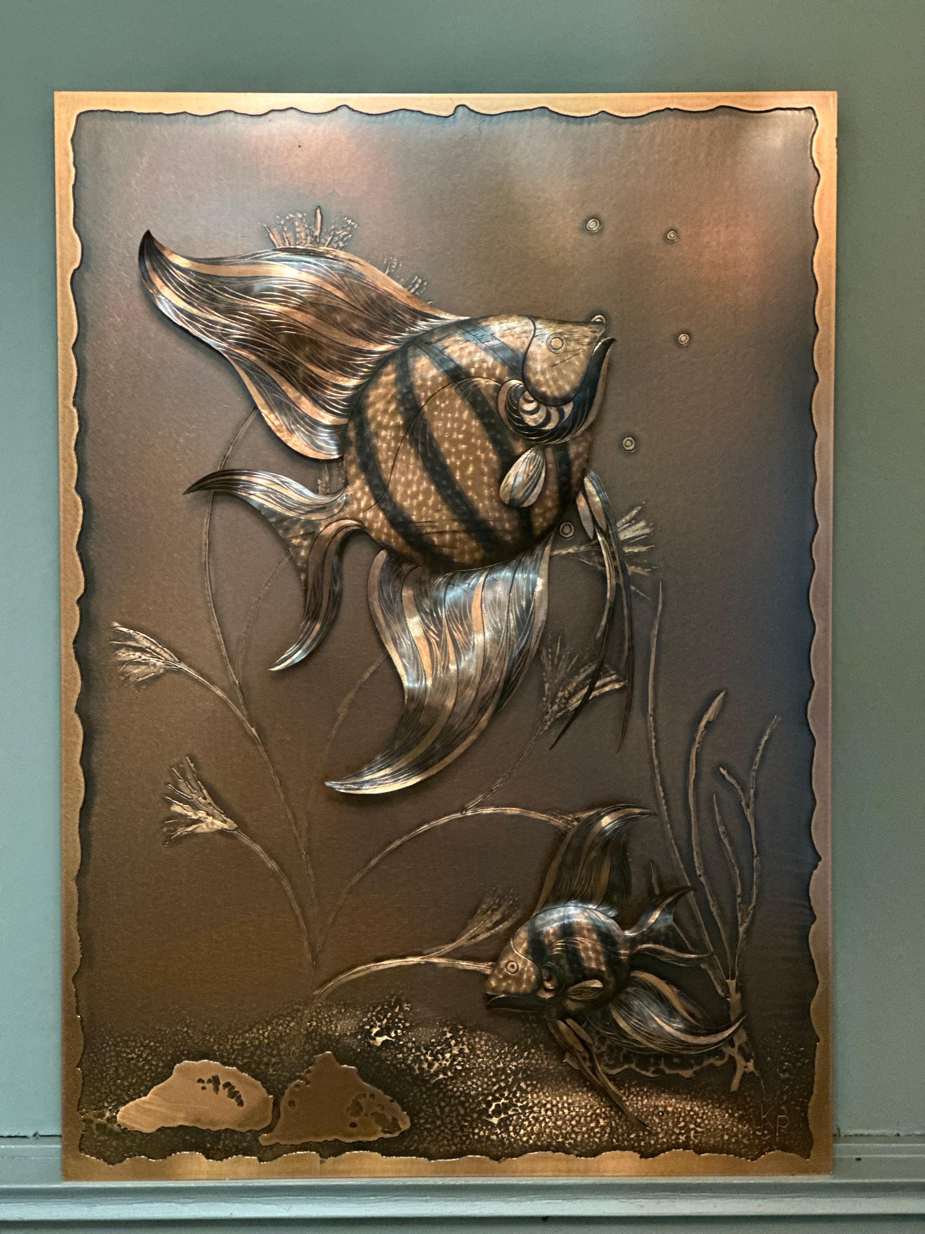 Mid-Century Fisch-Kupfer-Wanddekorationstafel-Bilderskulptur mit Fischmotiv, 1960er Jahre im Angebot 14