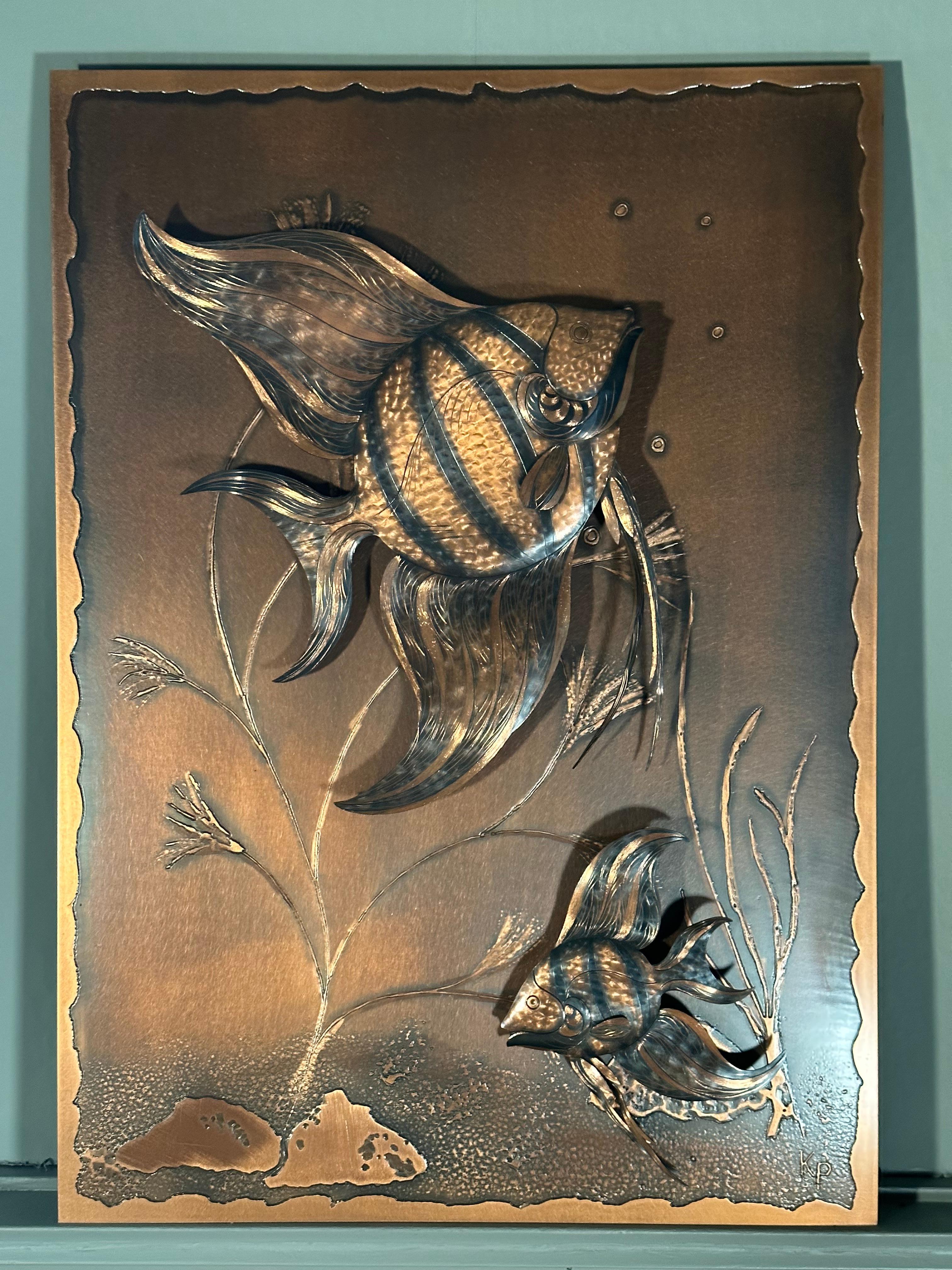 German Mid-Century Fish Copper Wall Decoration Panel Picture Sculpture, 1960s For Sale