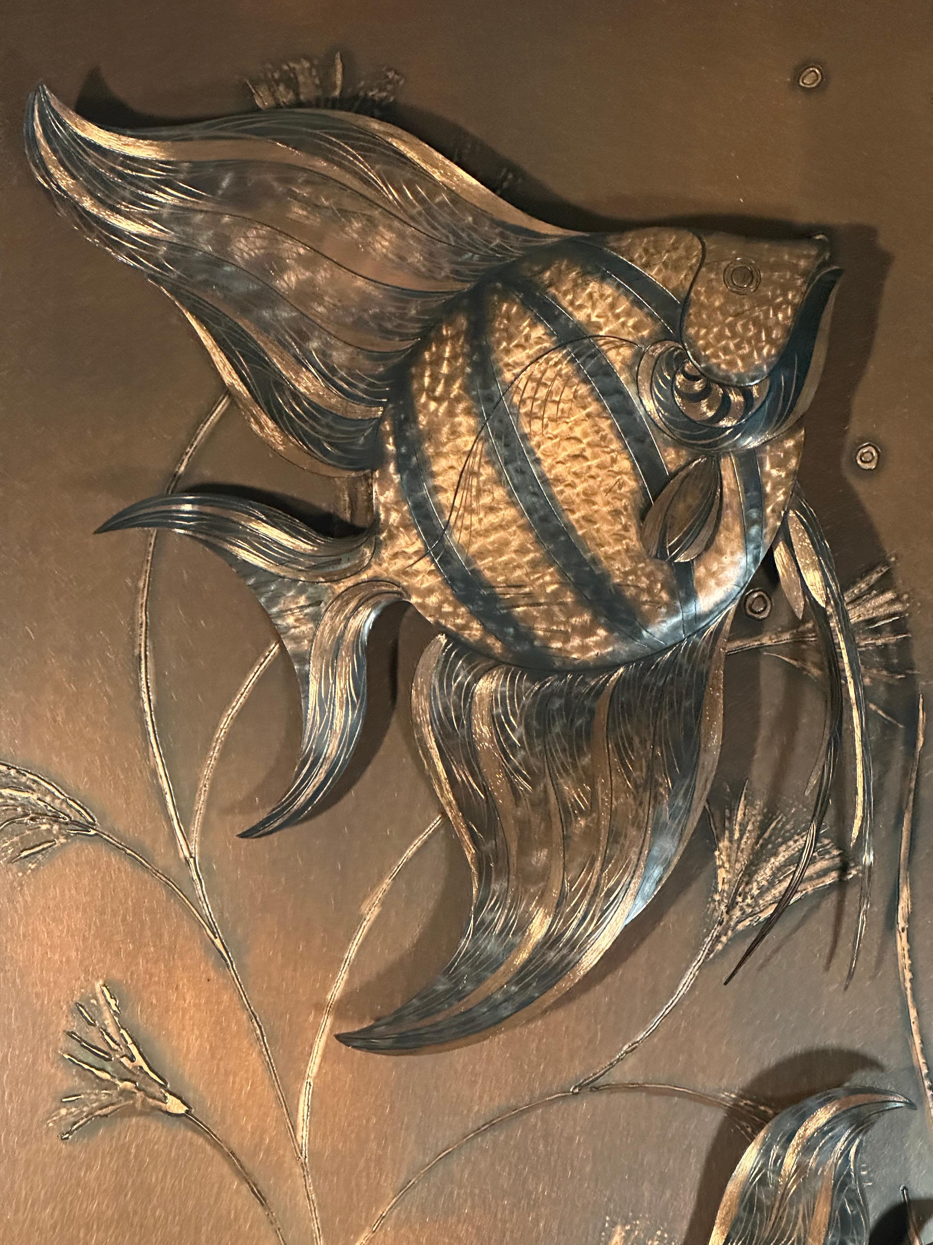 Mid-20th Century Mid-Century Fish Copper Wall Decoration Panel Picture Sculpture, 1960s For Sale