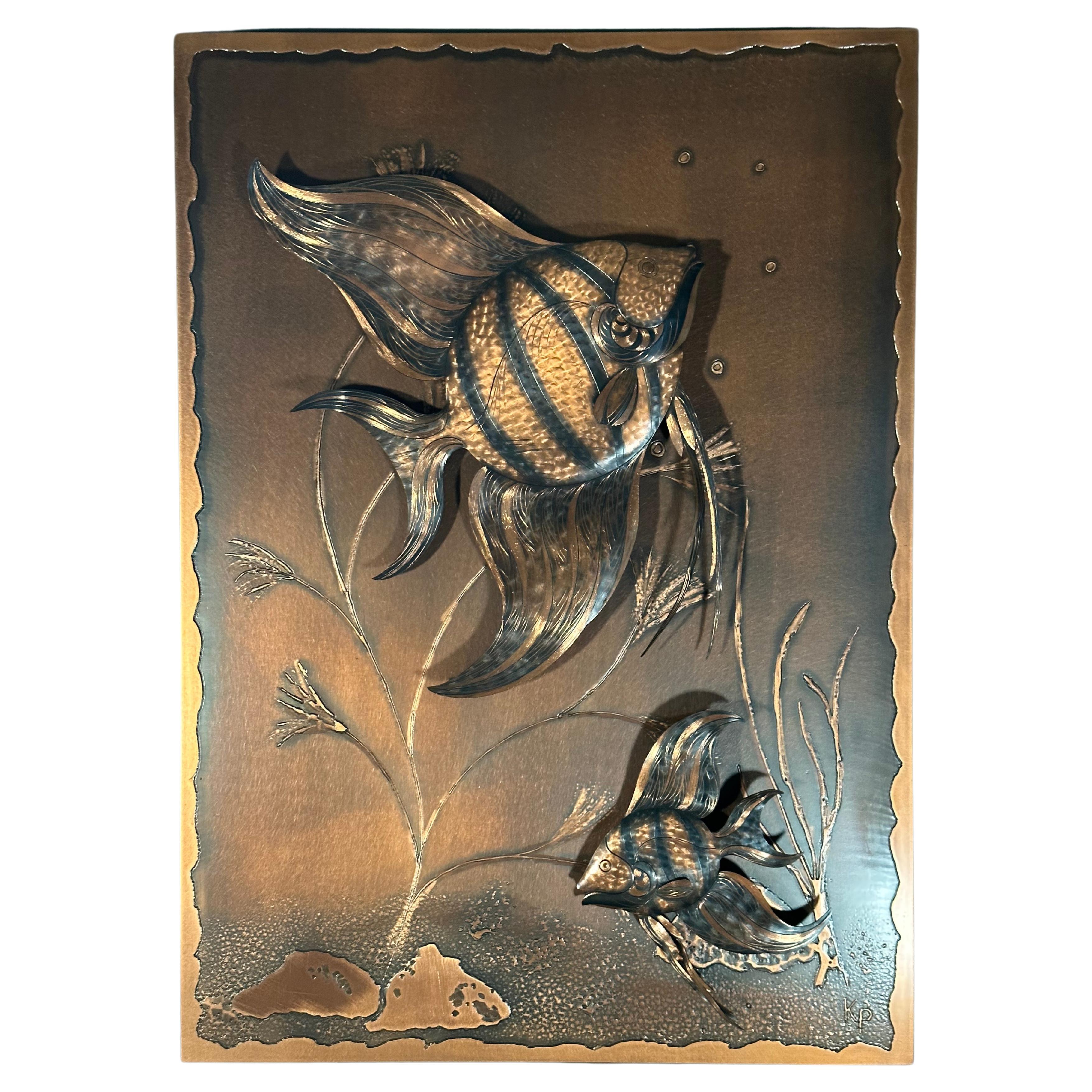 Mid-Century Fish Copper Wall Decoration Panel Picture Sculpture, 1960s For Sale