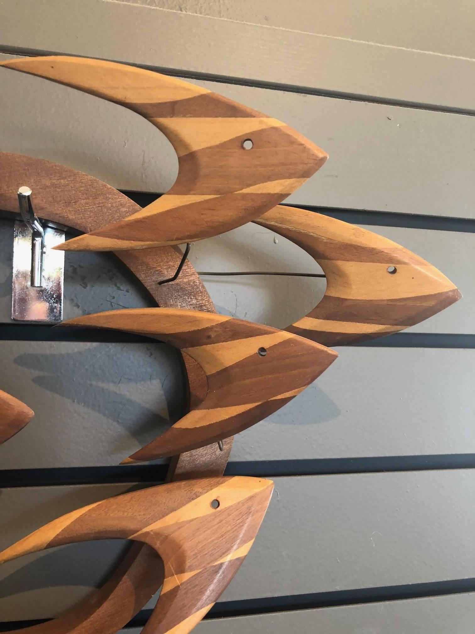 Hardwood Midcentury Fish School Wall Sculpture