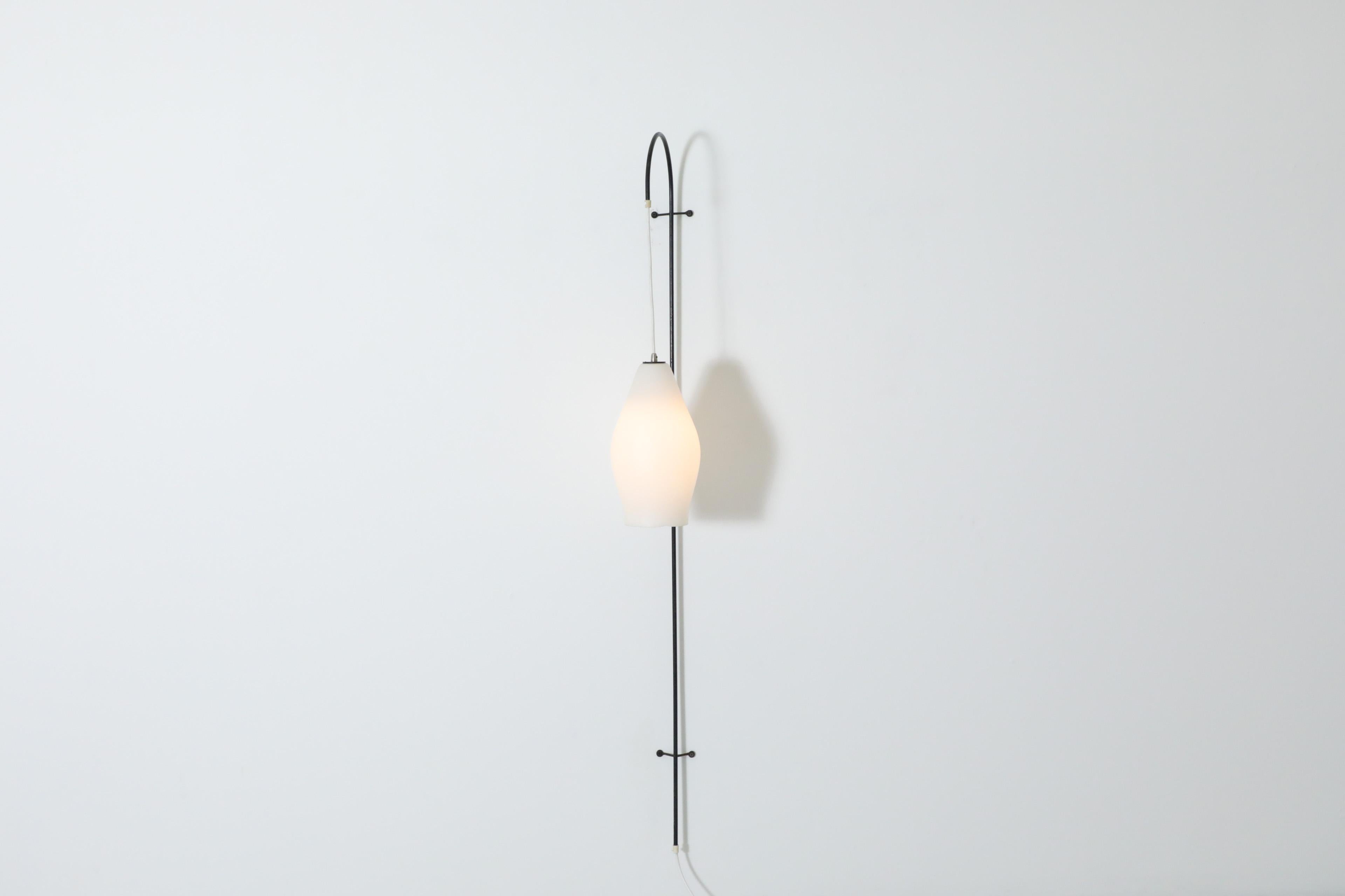 Danish Mid-Century Fishing Pole Style Wall Lamp with Milk Glass Shade For Sale
