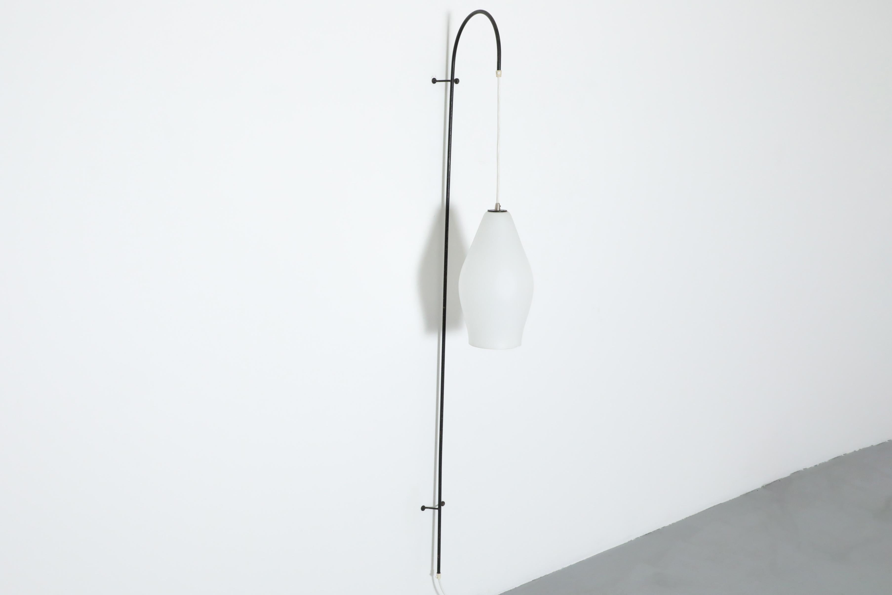 Mid-Century Fishing Pole Style Wall Mounted Lamp with Milk Glass Shade In Good Condition For Sale In Los Angeles, CA