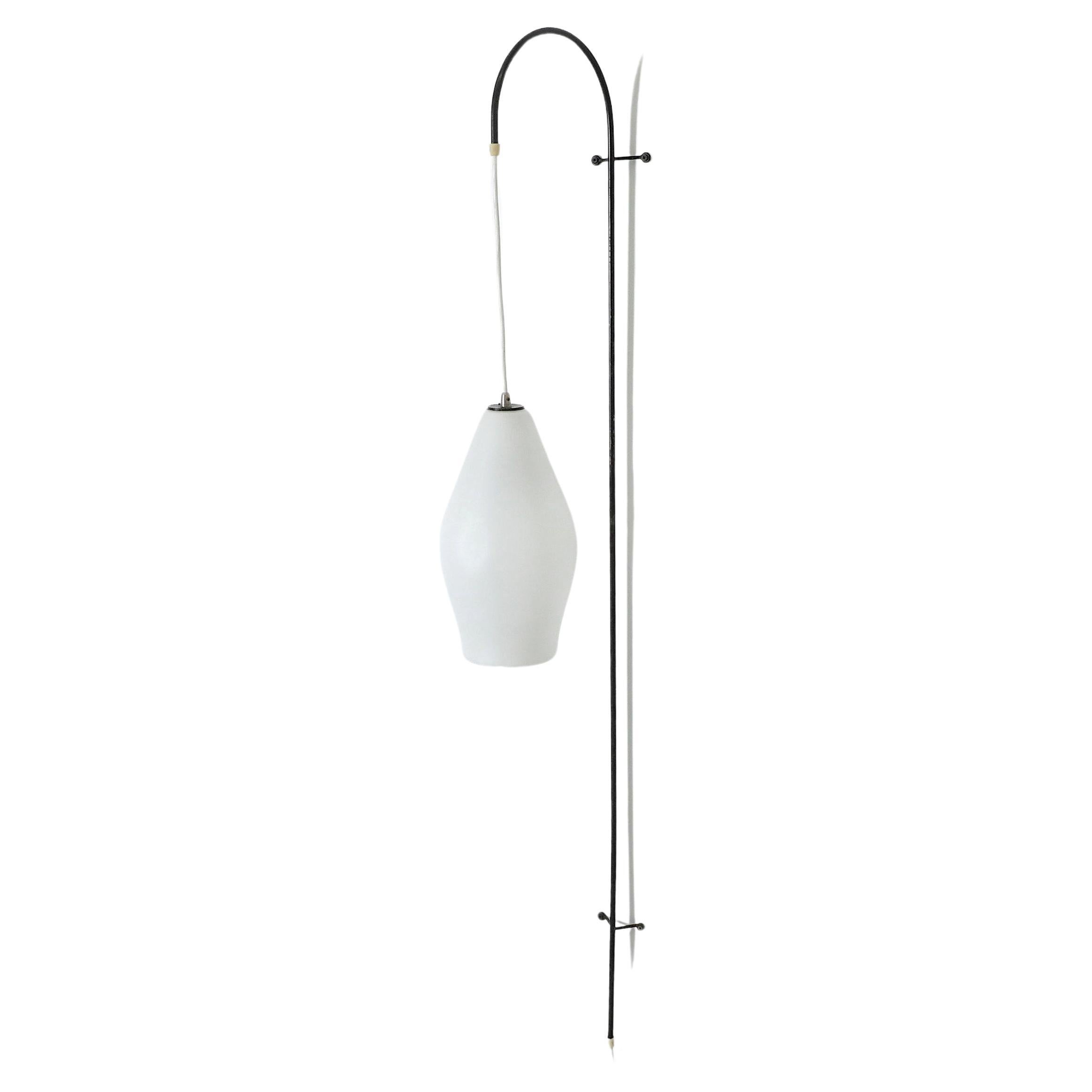 Mid-Century Fishing Pole Style Wall Lamp with Milk Glass Shade For Sale