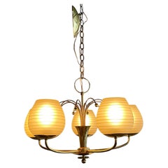 Mid-Century Five Arm Brass And Glass Chandelier