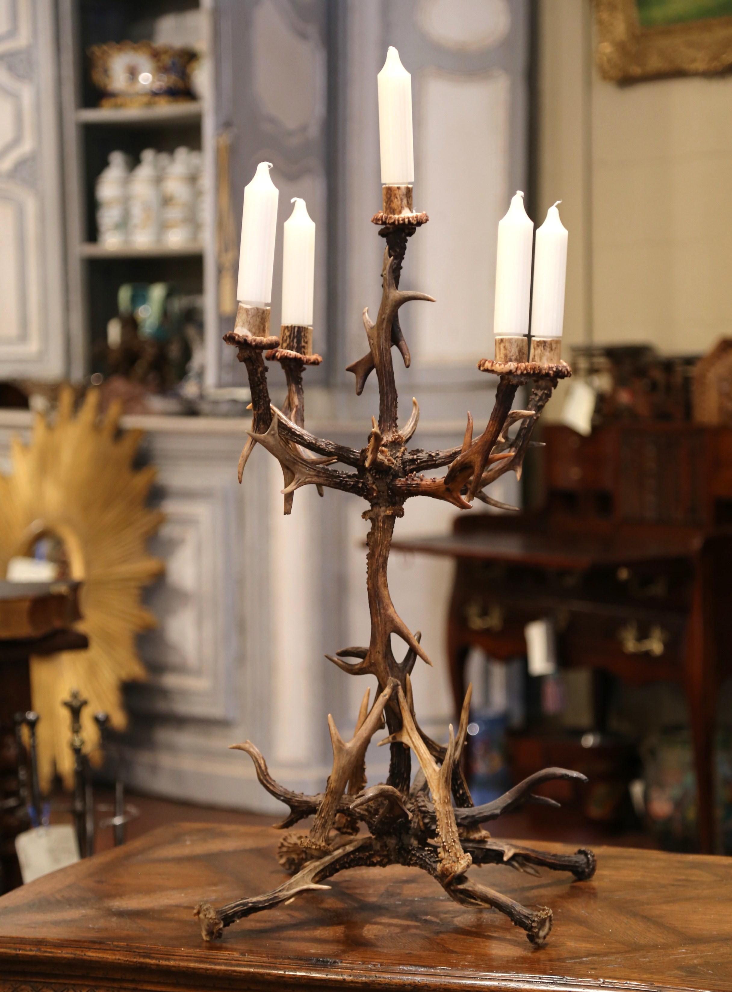 Arts and Crafts Midcentury Five-Arm Candelabra Made with Deer Antlers