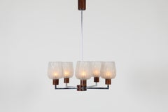 Mid-Century Five-Arm Chandelier, Rosewood and Chrome, Frosted Glass Shades