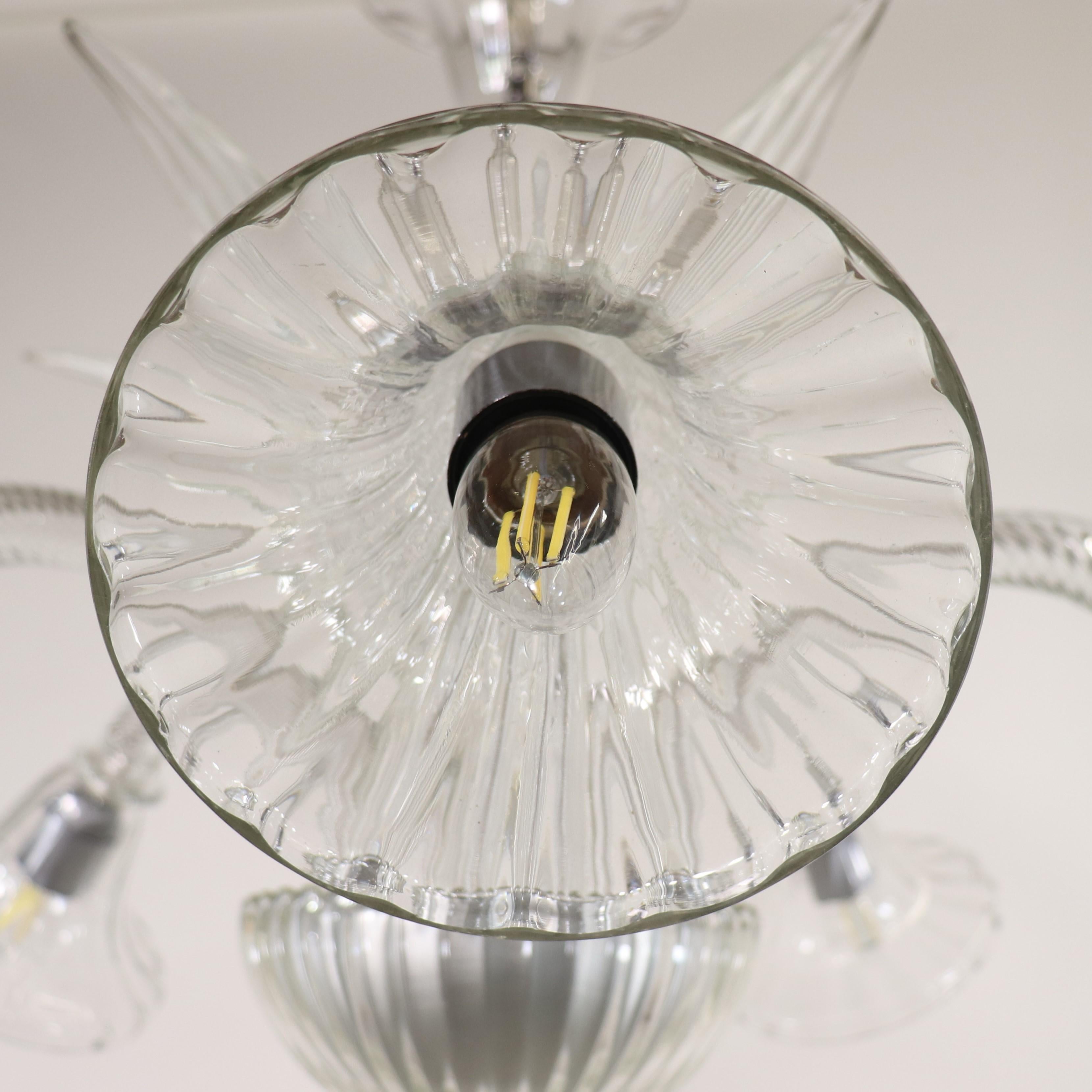 Mid-Century Five Arm Ribbed and Scalloped Cristallo Murano Chandelier For Sale 2