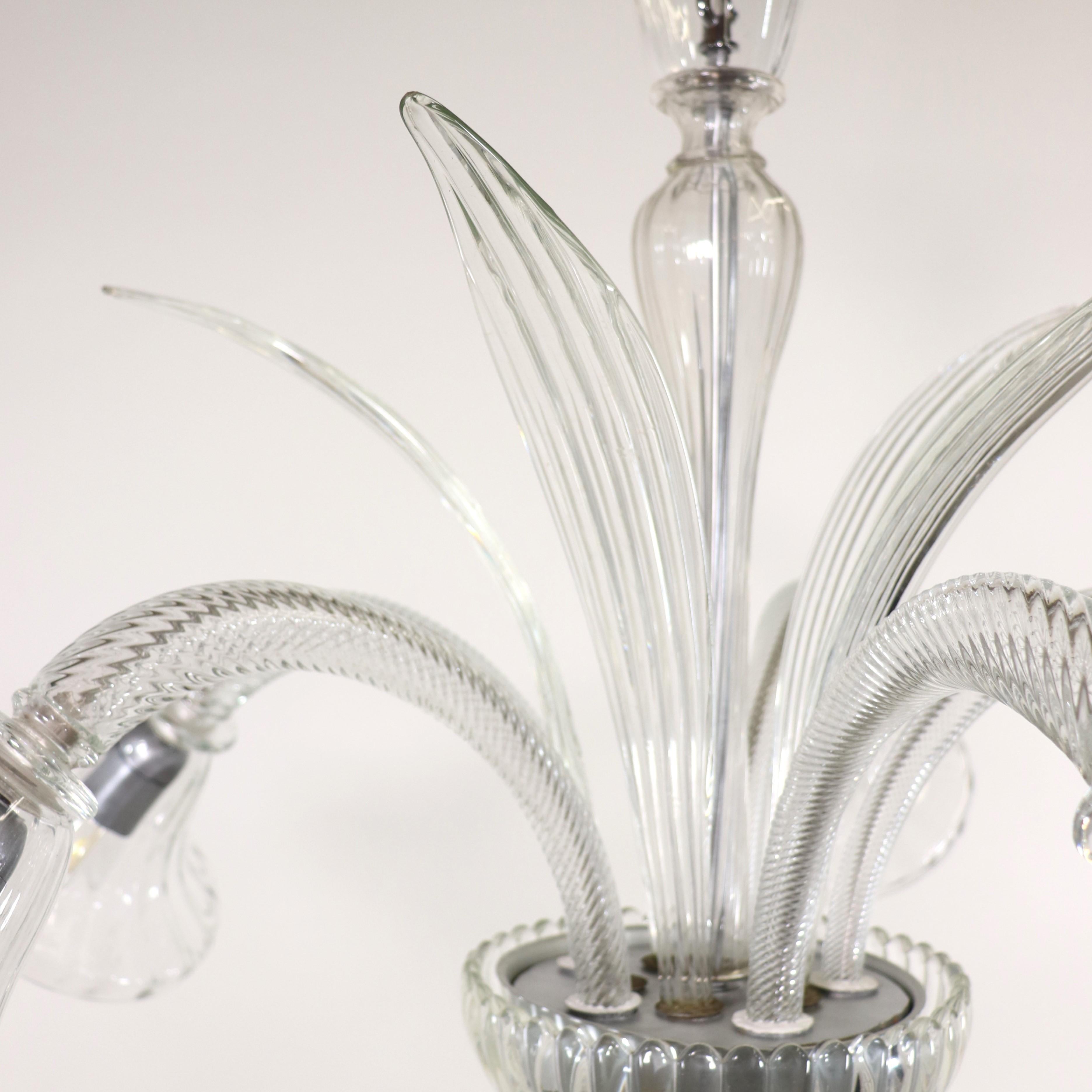Mid-Century Five Arm Ribbed and Scalloped Cristallo Murano Chandelier For Sale 3