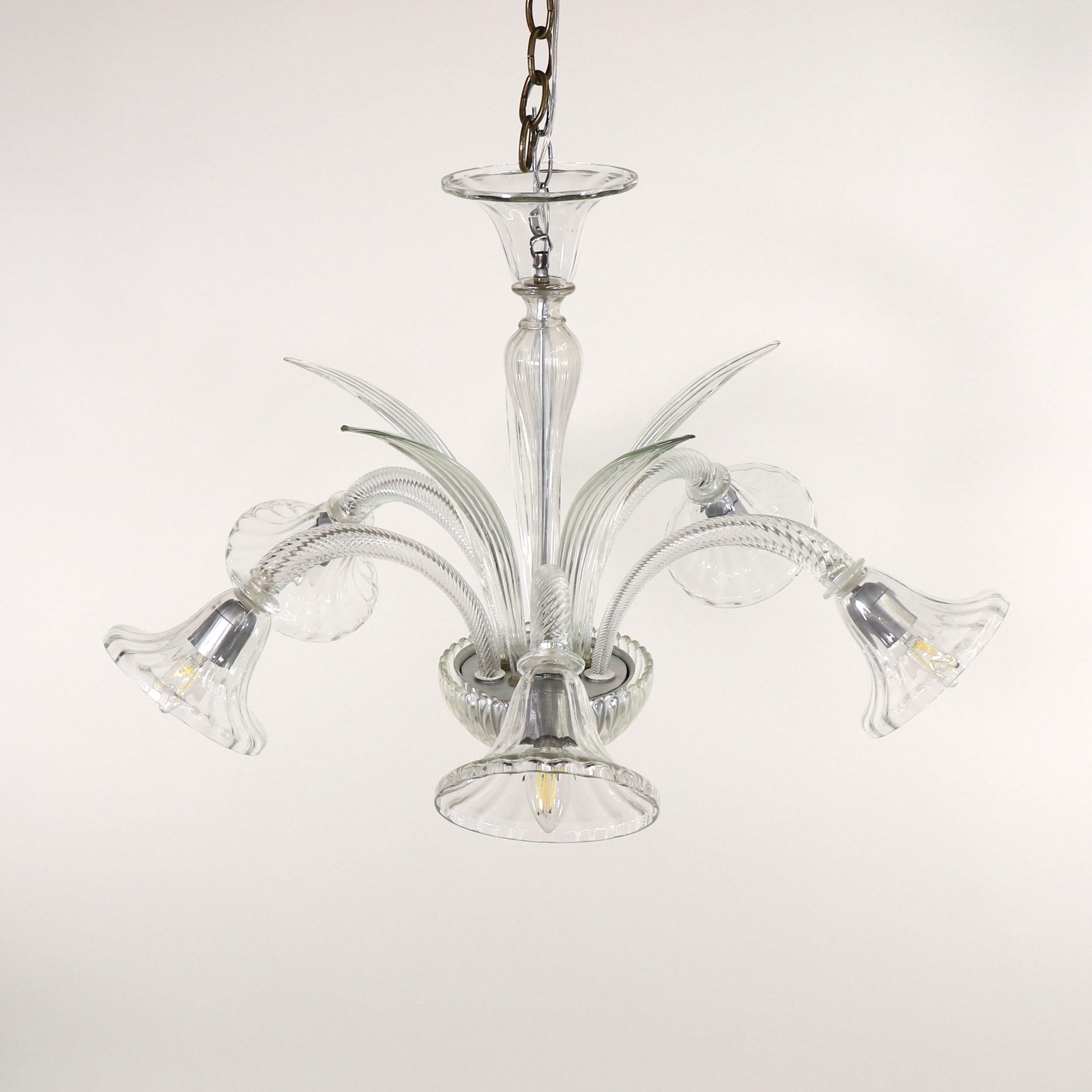 Mid-Century Modern Mid-Century Five Arm Ribbed and Scalloped Cristallo Murano Chandelier For Sale