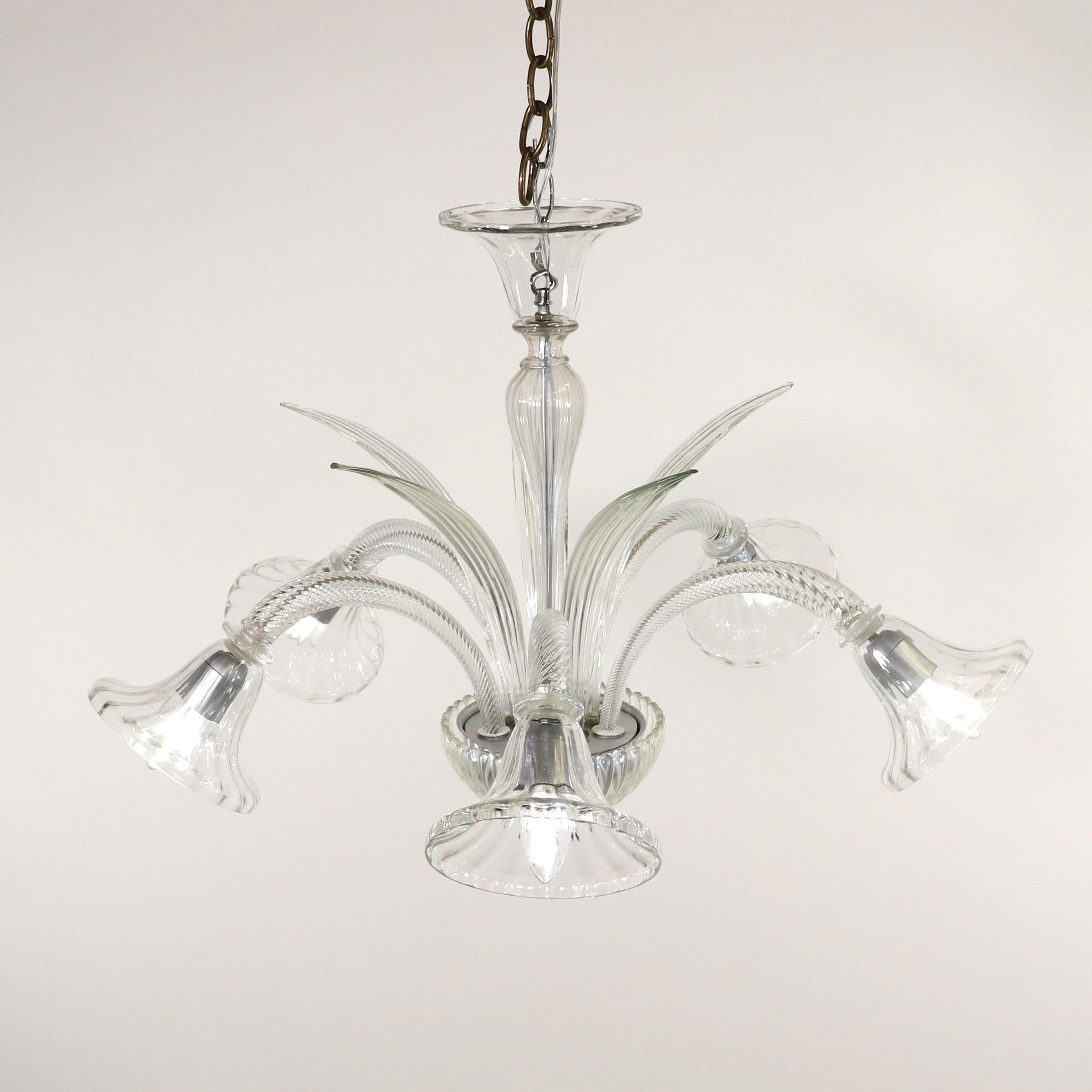 Italian Mid-Century Five Arm Ribbed and Scalloped Cristallo Murano Chandelier For Sale