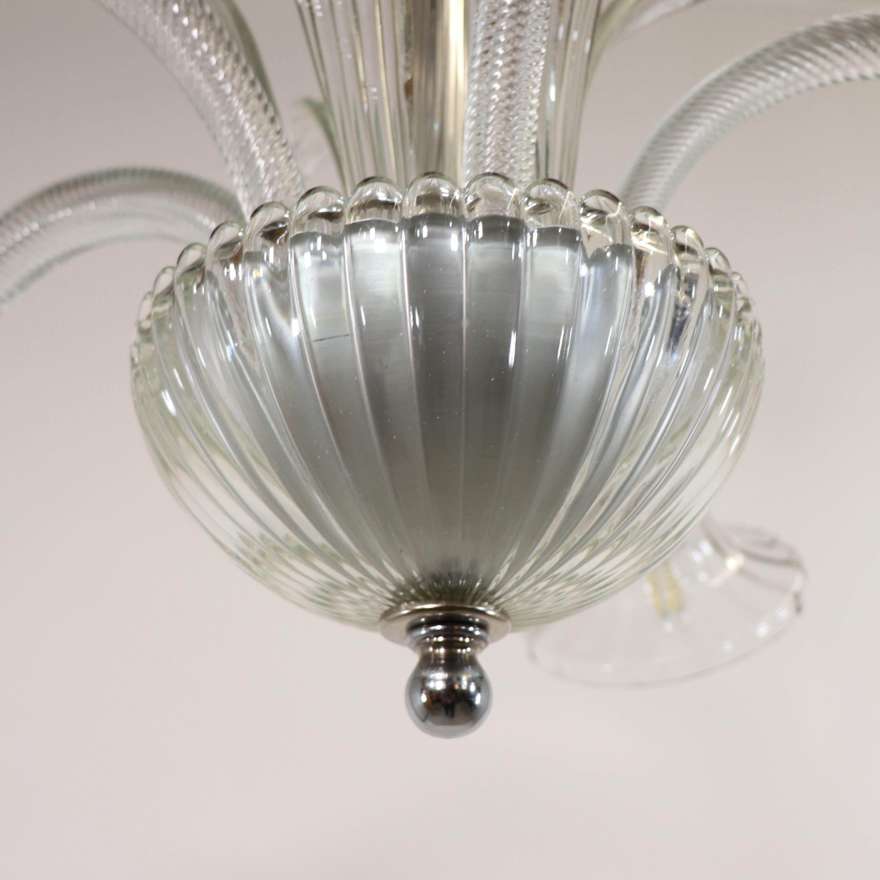 Hand-Crafted Mid-Century Five Arm Ribbed and Scalloped Cristallo Murano Chandelier For Sale