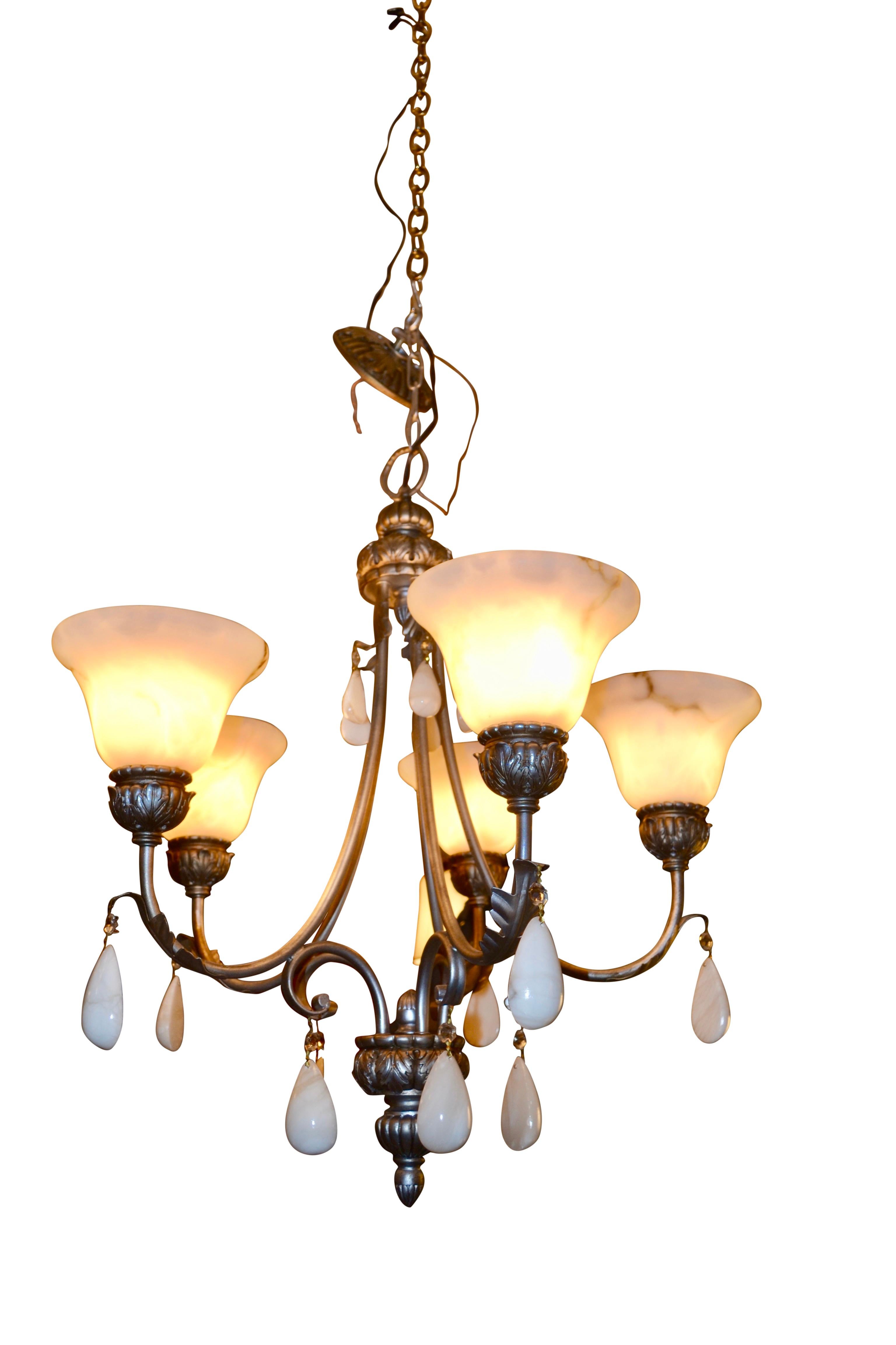 Mid-Century Modern Mid-Century five arm silvered metal Chandelier with alabaster shades For Sale
