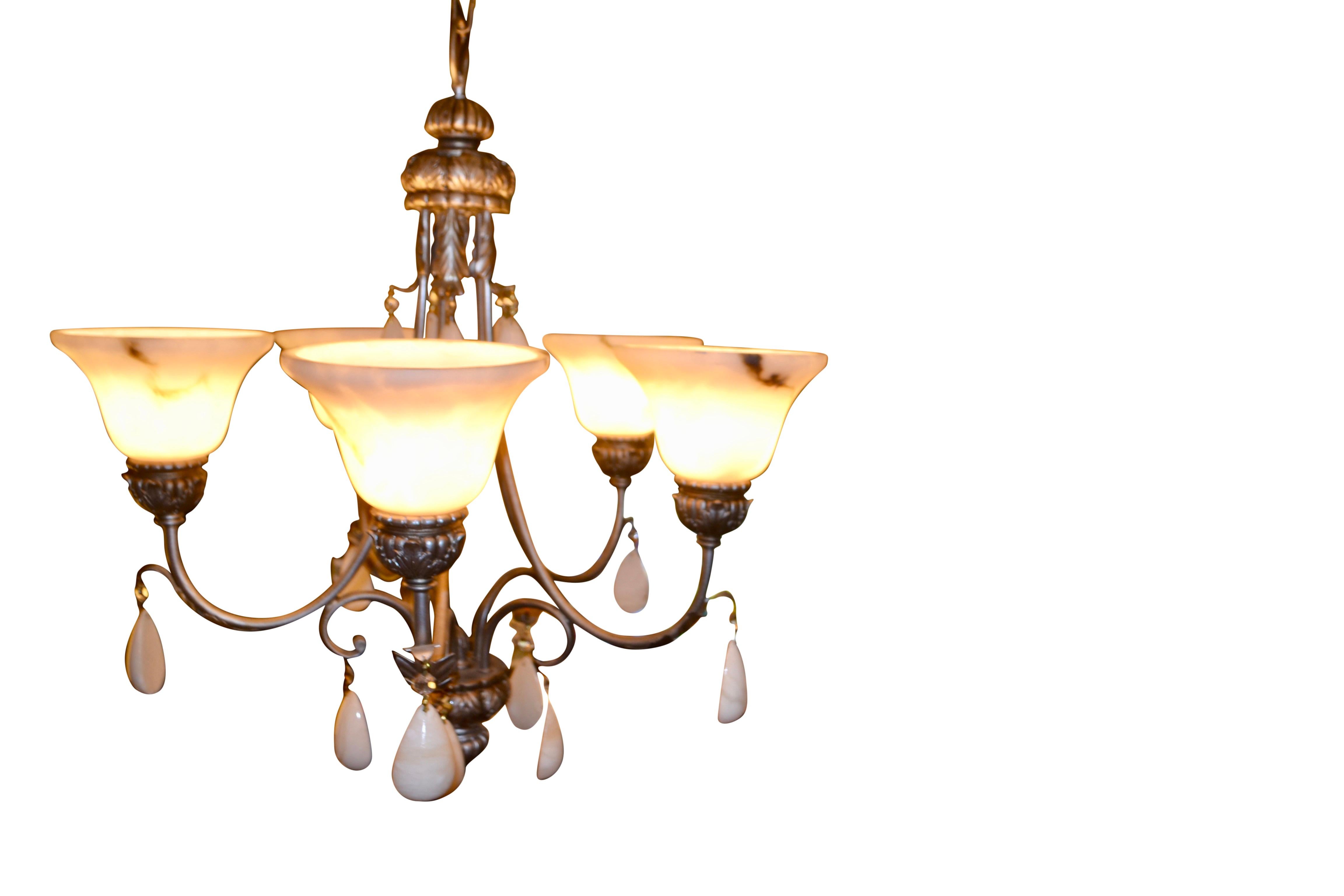 American Mid-Century five arm silvered metal Chandelier with alabaster shades For Sale