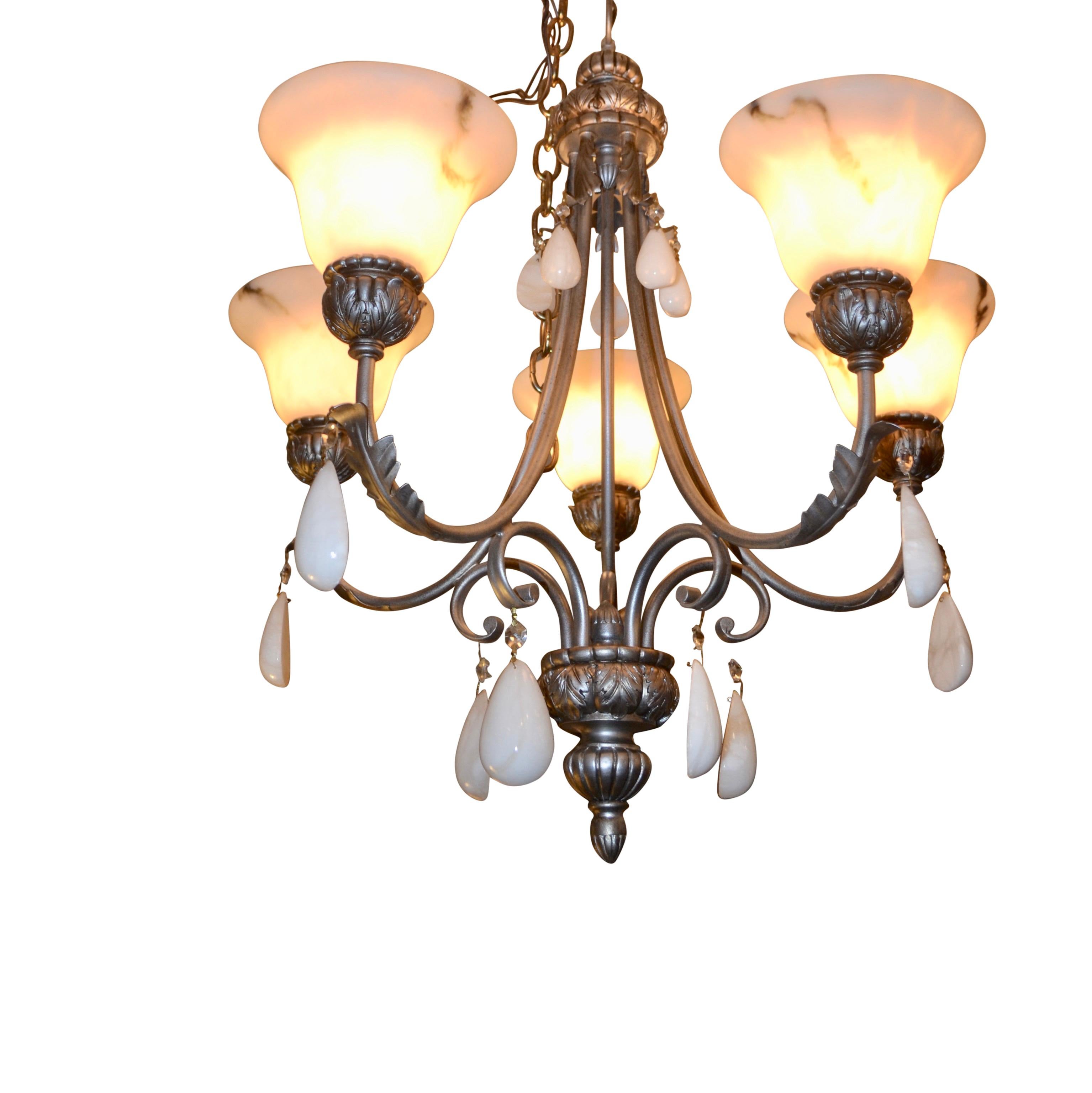 Machine-Made Mid-Century five arm silvered metal Chandelier with alabaster shades For Sale