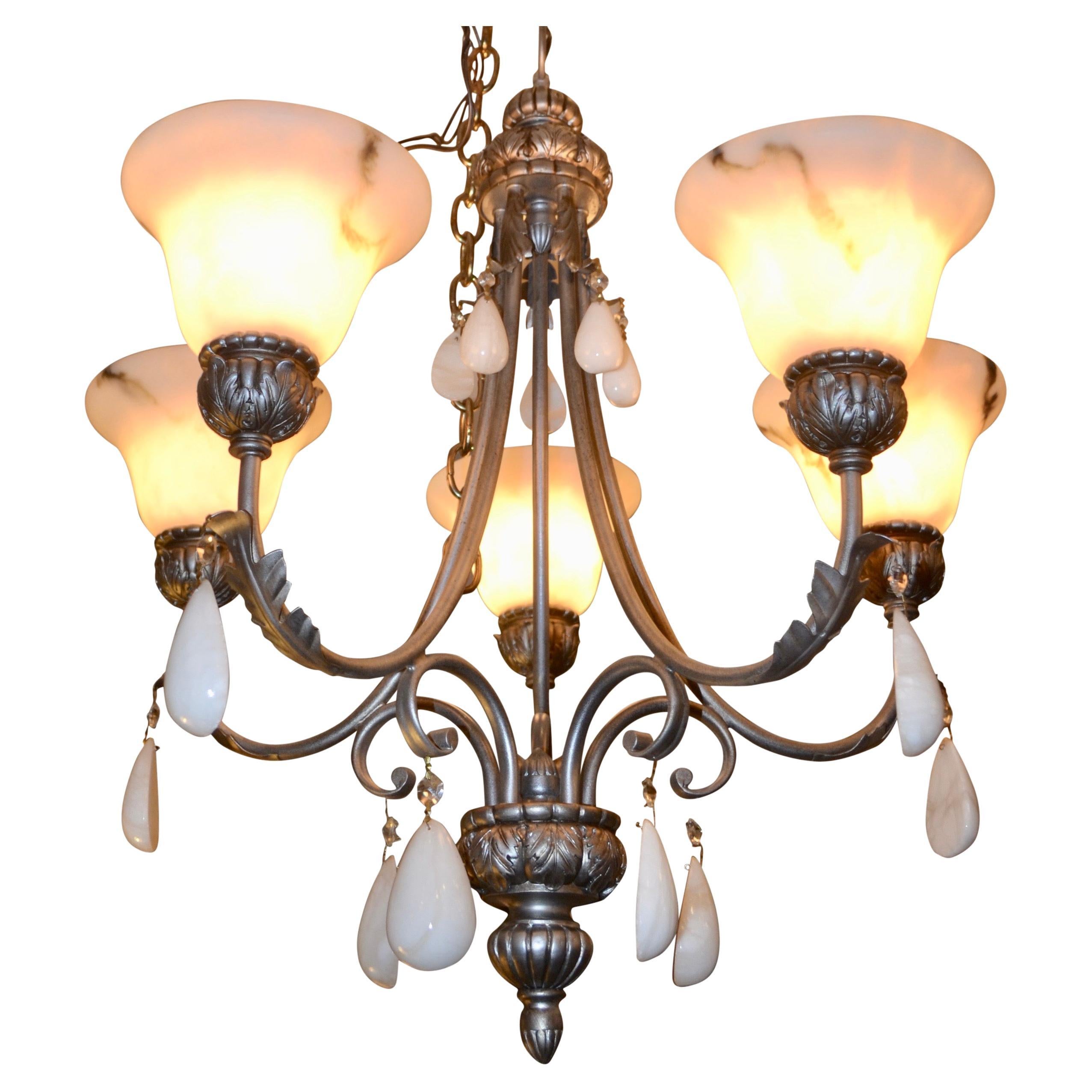 Mid-Century five arm silvered metal Chandelier with alabaster shades For Sale