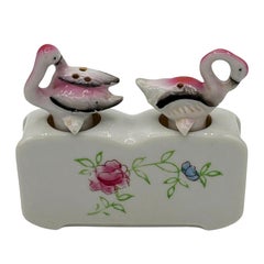 Mid-century Flamingo Ceramic Tabletop Salt & Pepper Shaker Set w/ Base