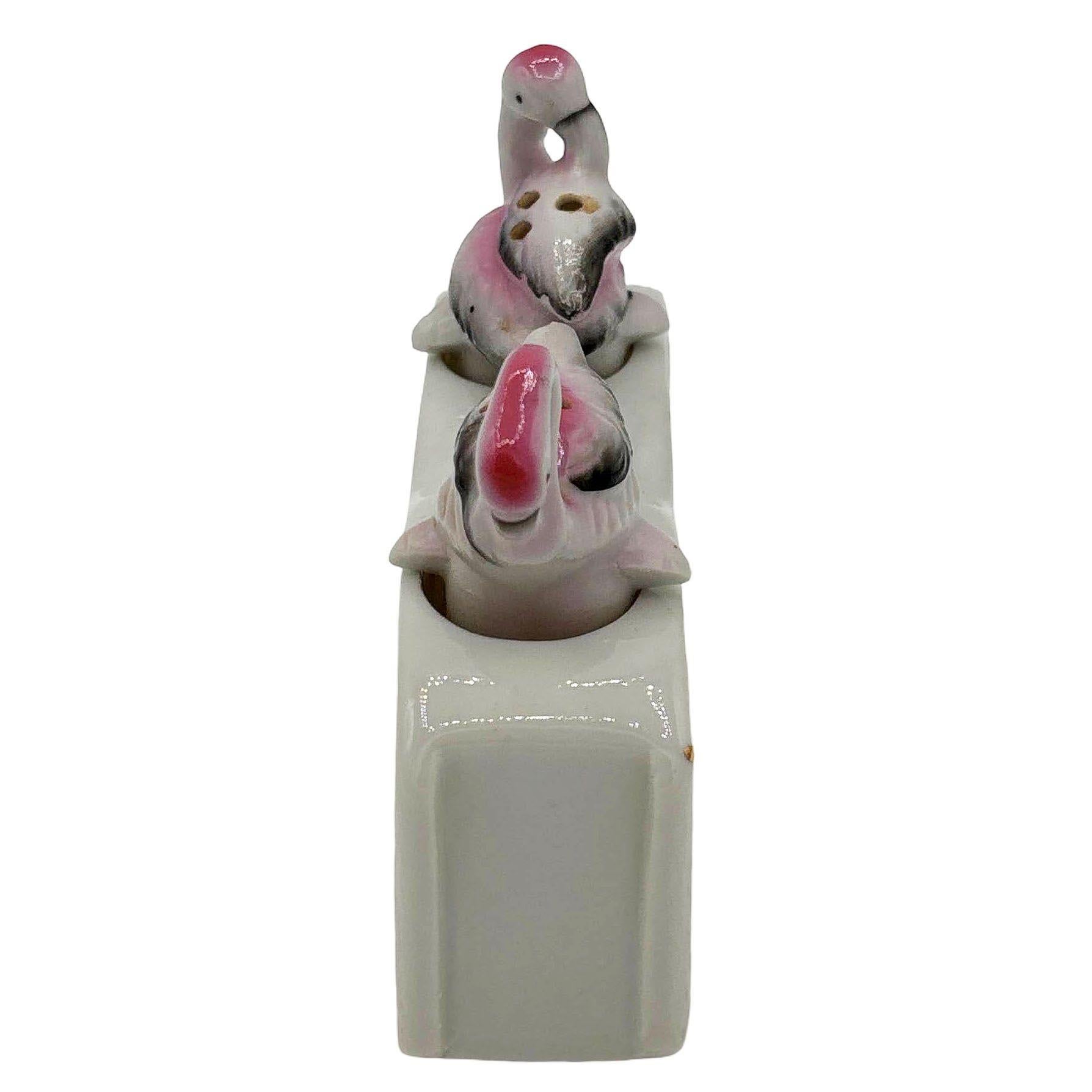 Japanese Mid-century Flamingo Ceramic Tabletop Salt & Pepper Shaker Set w/ Base For Sale