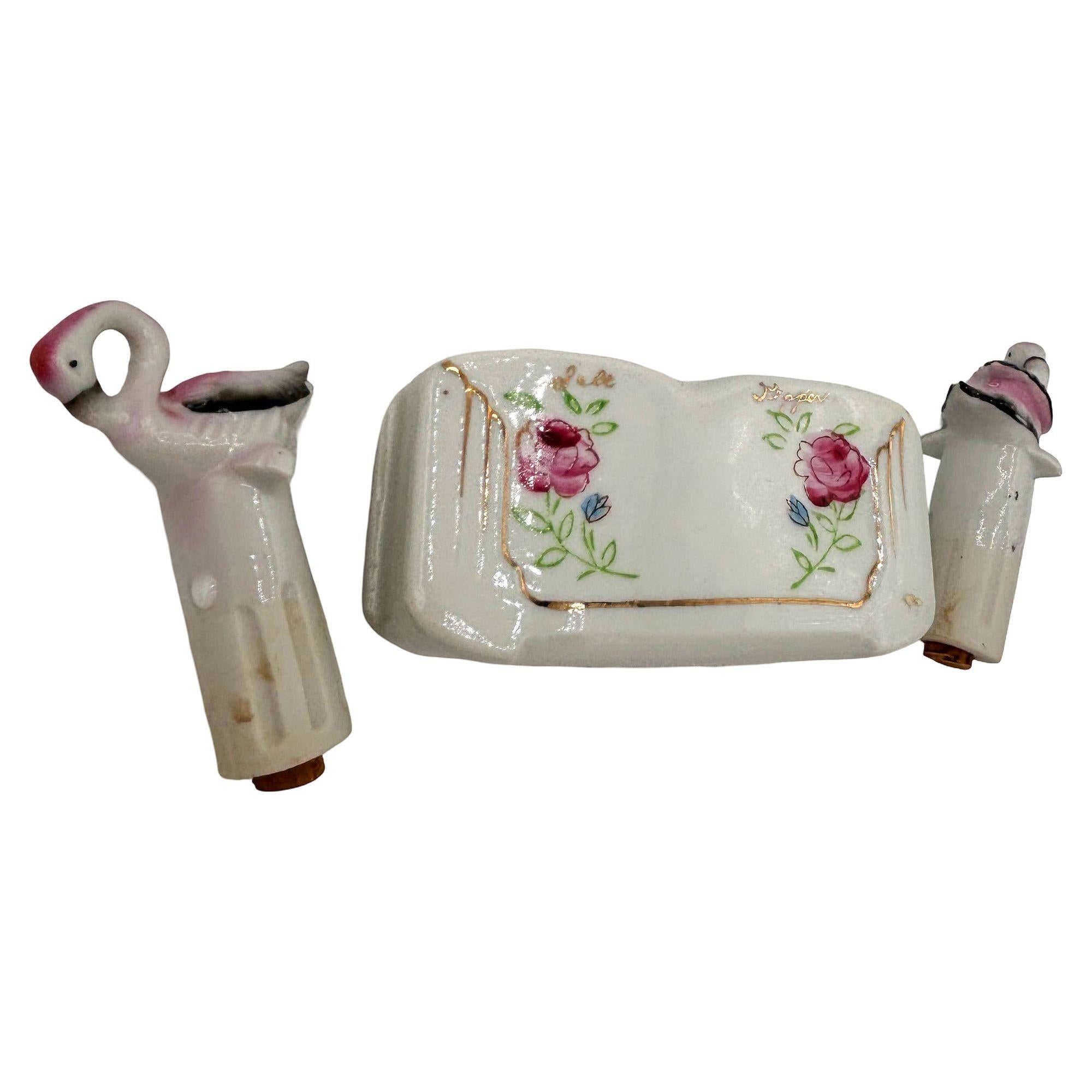 Mid-20th Century Mid-century Flamingo Ceramic Tabletop Salt & Pepper Shaker Set w/ Base For Sale